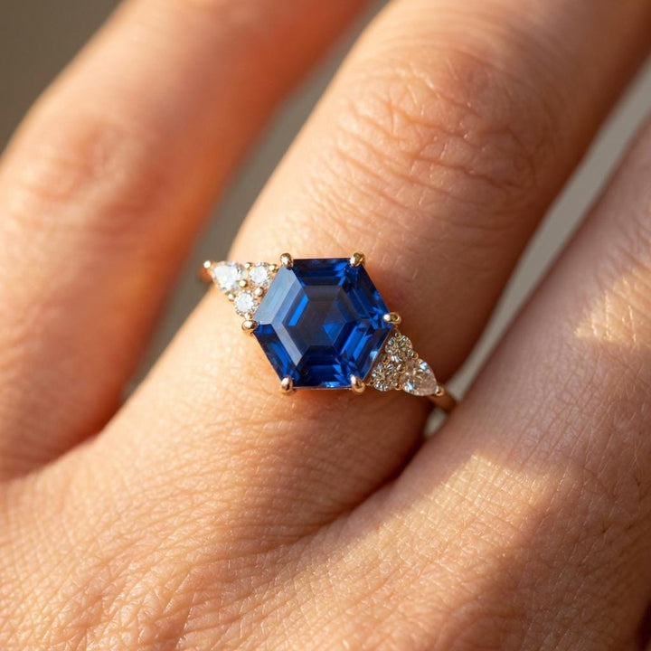 Vintage Hexagon Blue Sapphire and Moissanite Engagement Ring, Unique Wedding Ring September Birthstone Gift