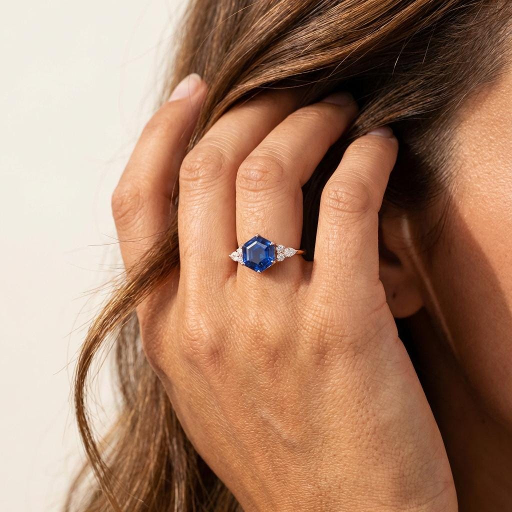 Vintage Hexagon Blue Sapphire and Moissanite Engagement Ring, Unique Wedding Ring September Birthstone Gift