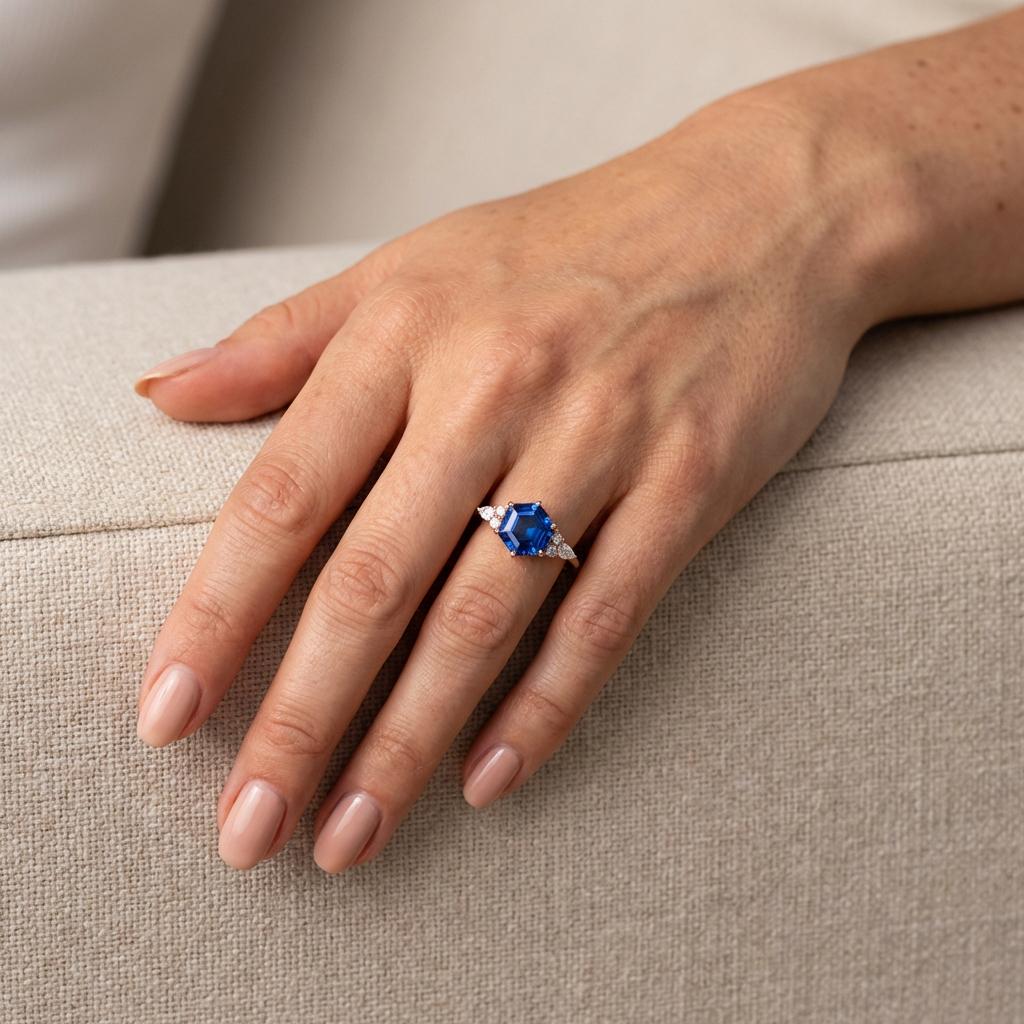 Vintage Hexagon Blue Sapphire and Moissanite Engagement Ring, Unique Wedding Ring September Birthstone Gift