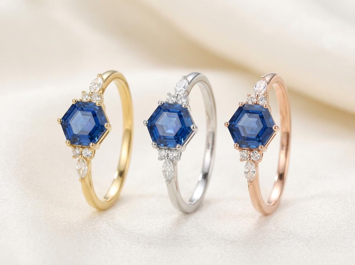 Vintage Hexagon Blue Sapphire and Moissanite Engagement Ring, Unique Wedding Ring September Birthstone Gift