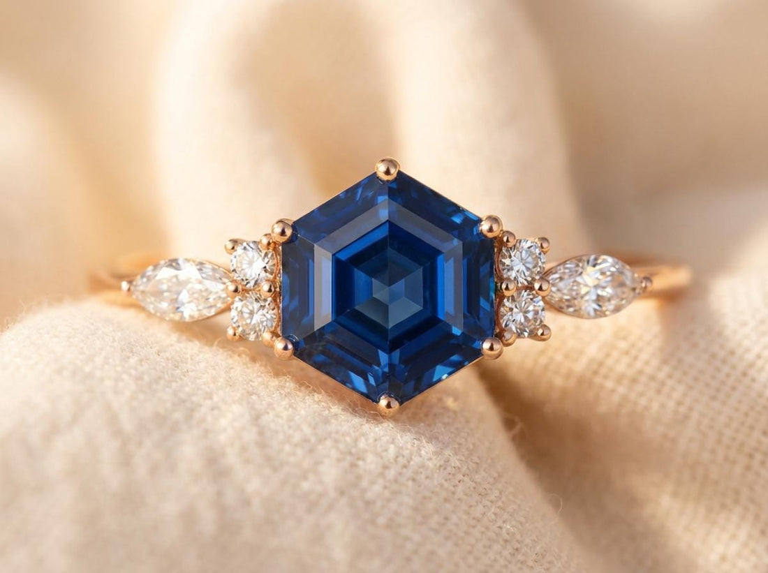 Vintage Hexagon Blue Sapphire and Moissanite Engagement Ring, Unique Wedding Ring September Birthstone Gift