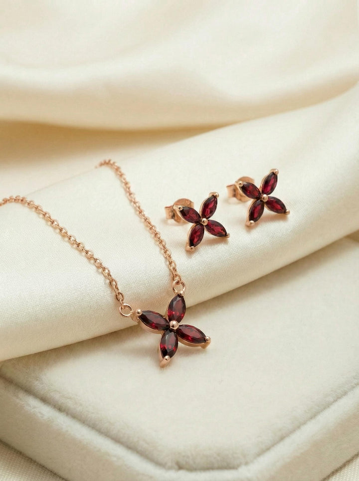 Garnet Birthstone Necklace, January Birthstone Jewelry, Marquise Flower Pendant, Red Gemstone Bridesmaid Gift for Her