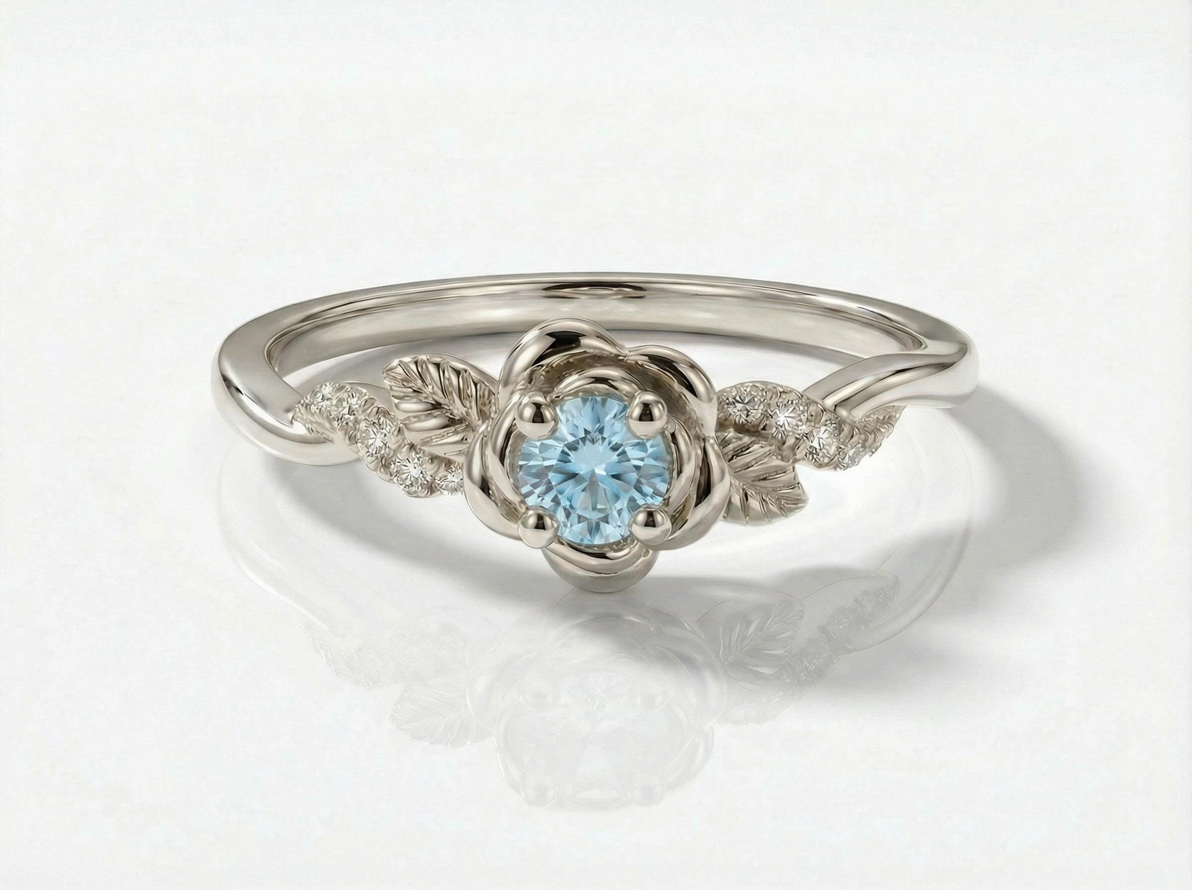 Flower Aquamarine Engagement Ring, Floral Twist Promise Ring for Women, Nature Inspired Leaf Wedding Ring, March Birthstone