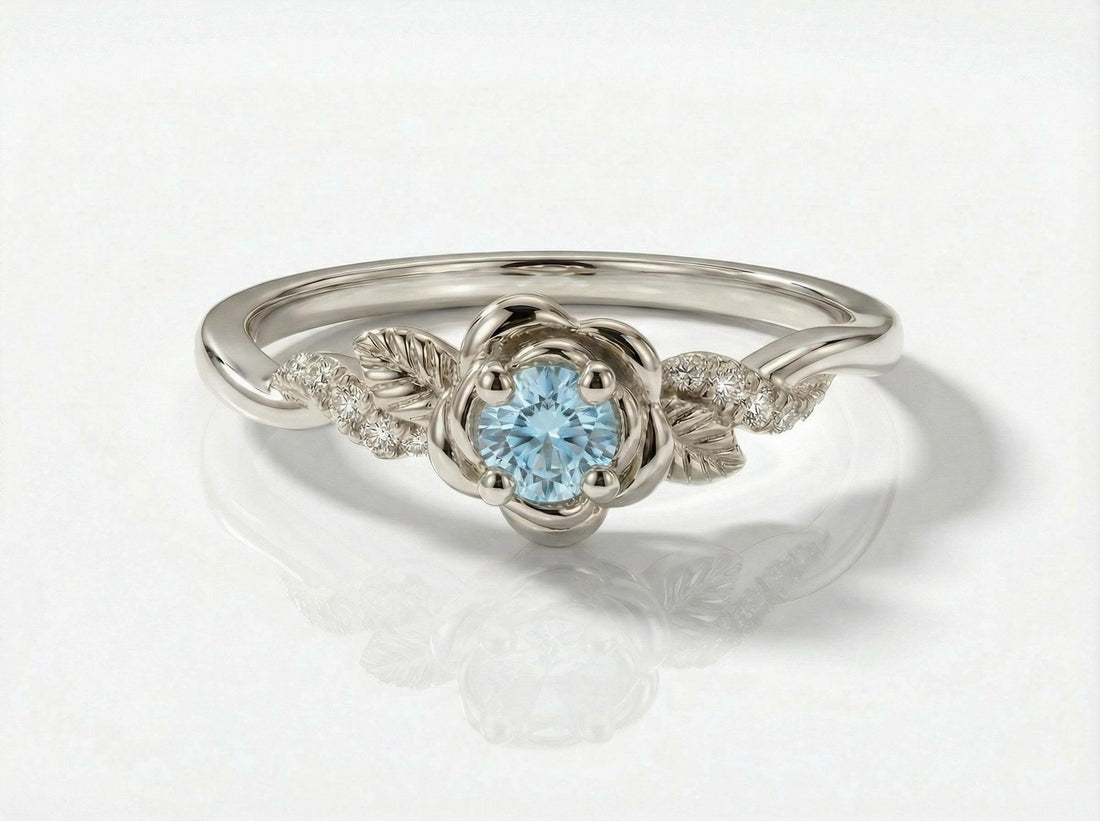 Flower Aquamarine Engagement Ring, Floral Twist Promise Ring for Women, Nature Inspired Leaf Wedding Ring, March Birthstone