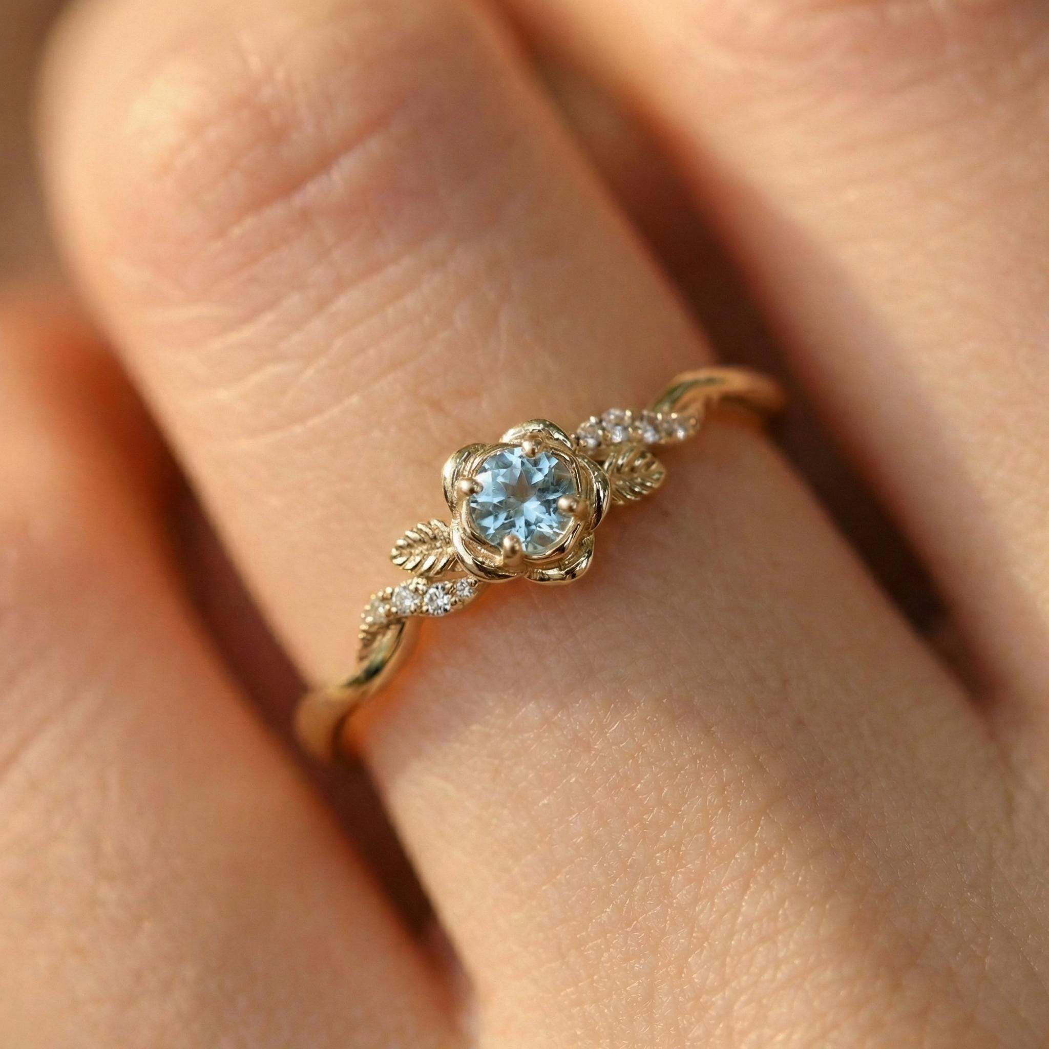 Flower Aquamarine Engagement Ring, Floral Twist Promise Ring for Women, Nature Inspired Leaf Wedding Ring, March Birthstone