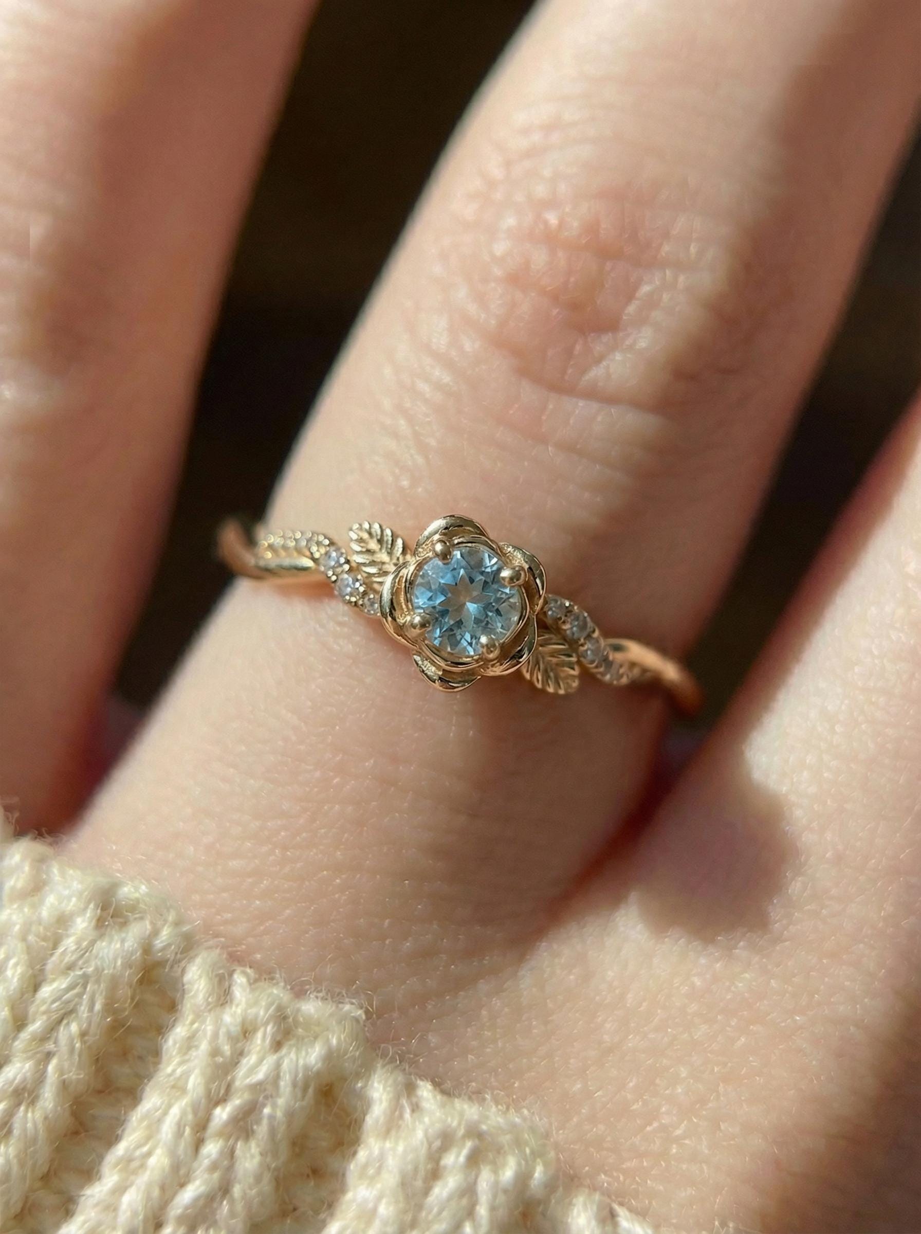 Flower Aquamarine Engagement Ring, Floral Twist Promise Ring for Women, Nature Inspired Leaf Wedding Ring, March Birthstone