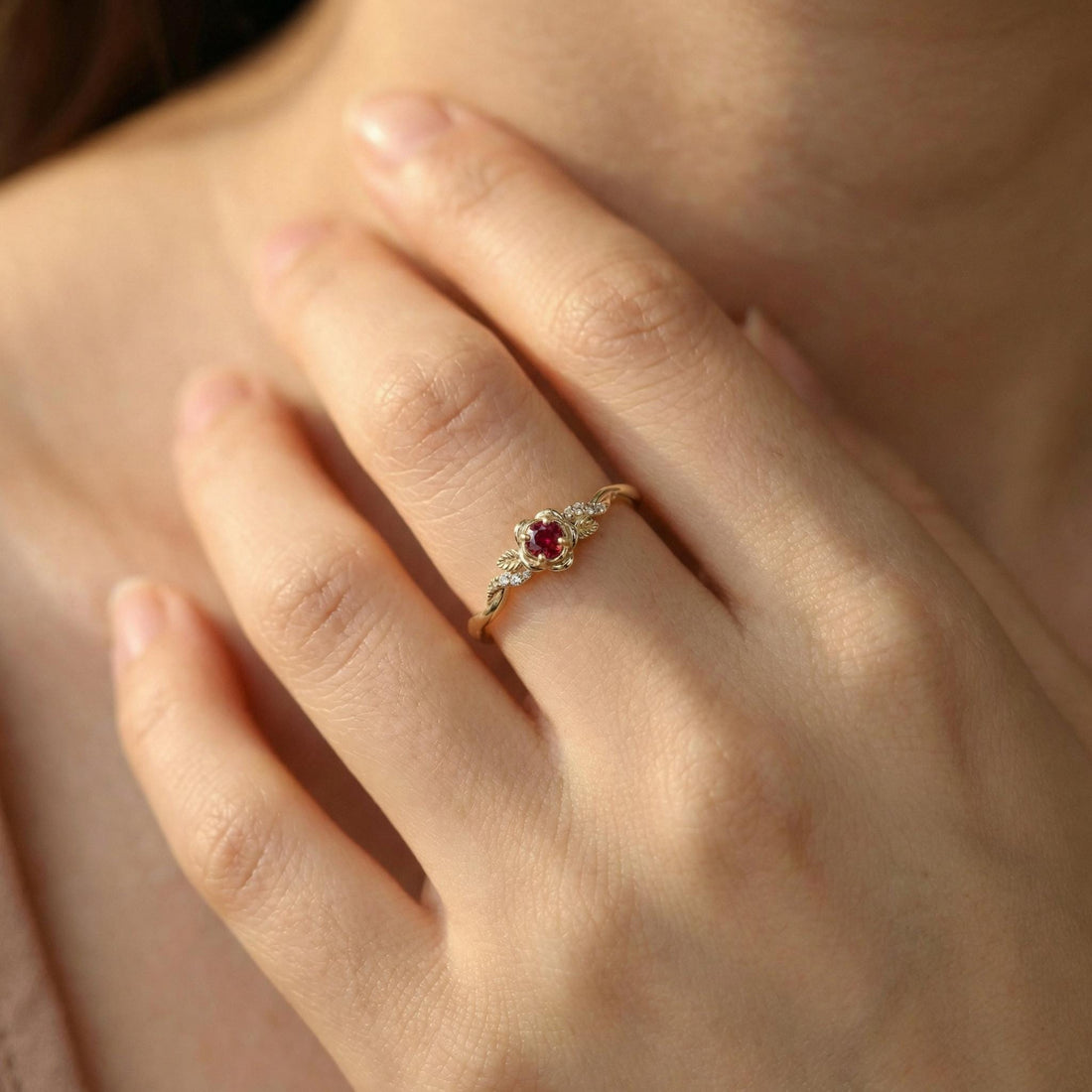 Flower Ruby Engagement Ring, Floral Twist Promise Ring for Women, Nature Inspired Leaf Wedding Ring, July Birthstone