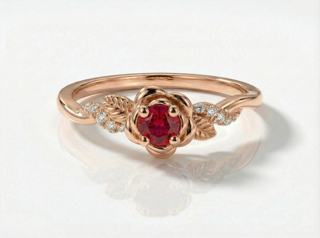 Flower Ruby Engagement Ring, Floral Twist Promise Ring for Women, Nature Inspired Leaf Wedding Ring, July Birthstone
