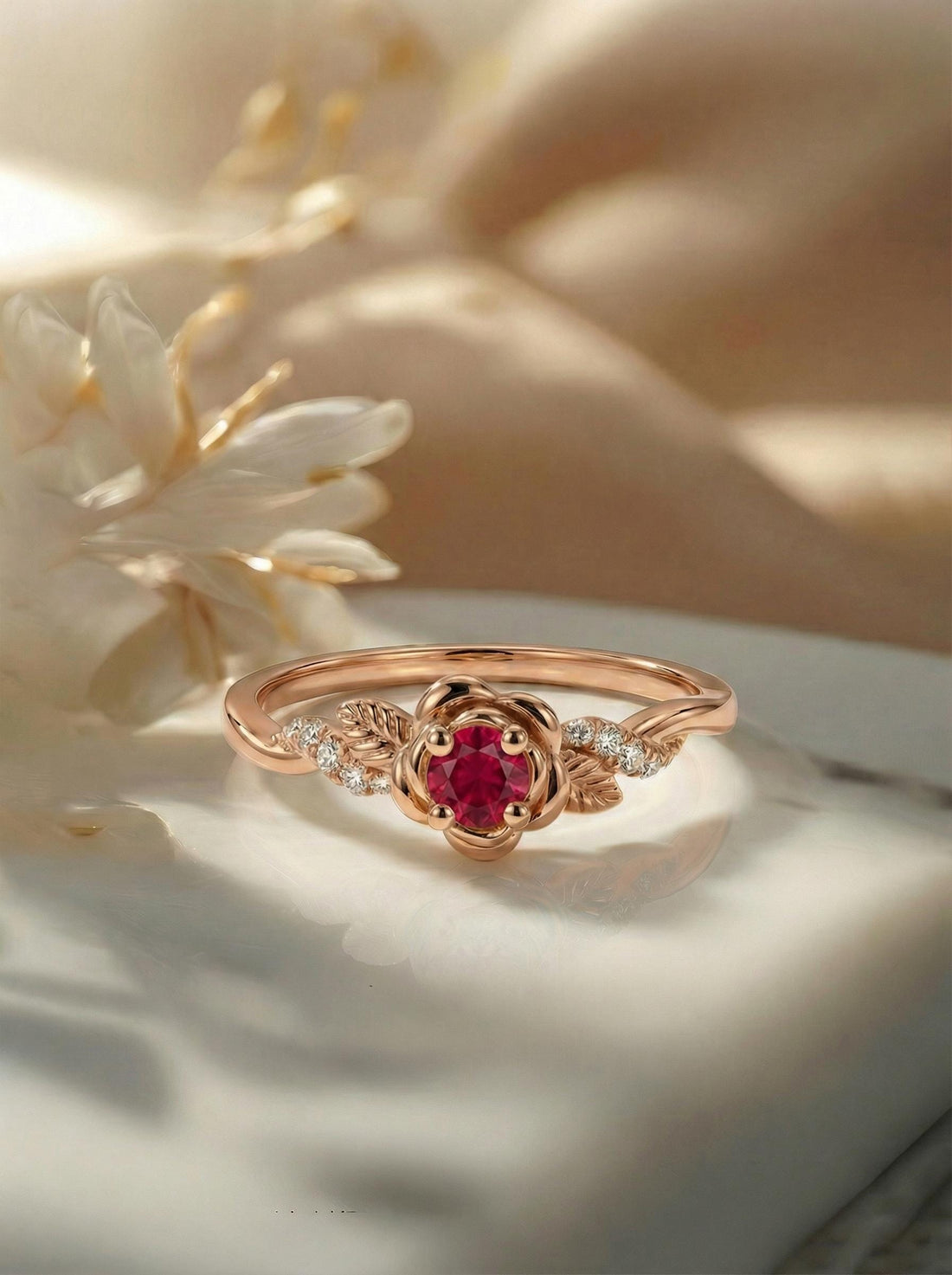 Flower Ruby Engagement Ring, Floral Twist Promise Ring for Women, Nature Inspired Leaf Wedding Ring, July Birthstone