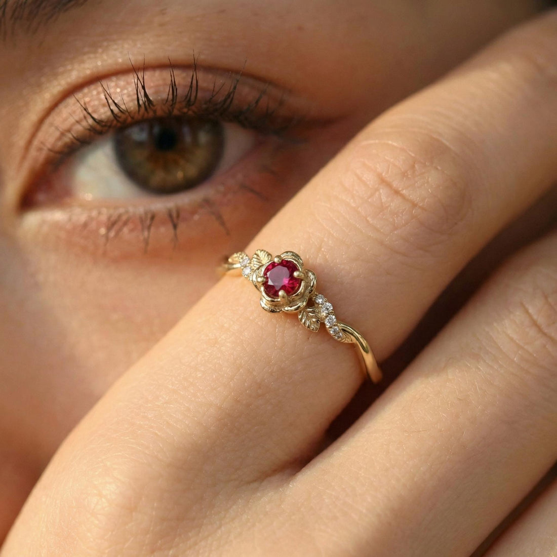Flower Ruby Engagement Ring, Floral Twist Promise Ring for Women, Nature Inspired Leaf Wedding Ring, July Birthstone