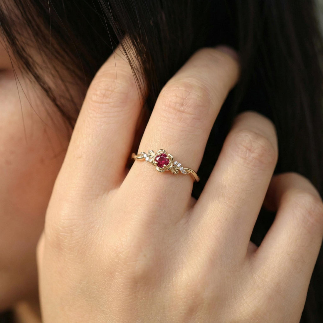 Flower Ruby Engagement Ring, Floral Twist Promise Ring for Women, Nature Inspired Leaf Wedding Ring, July Birthstone