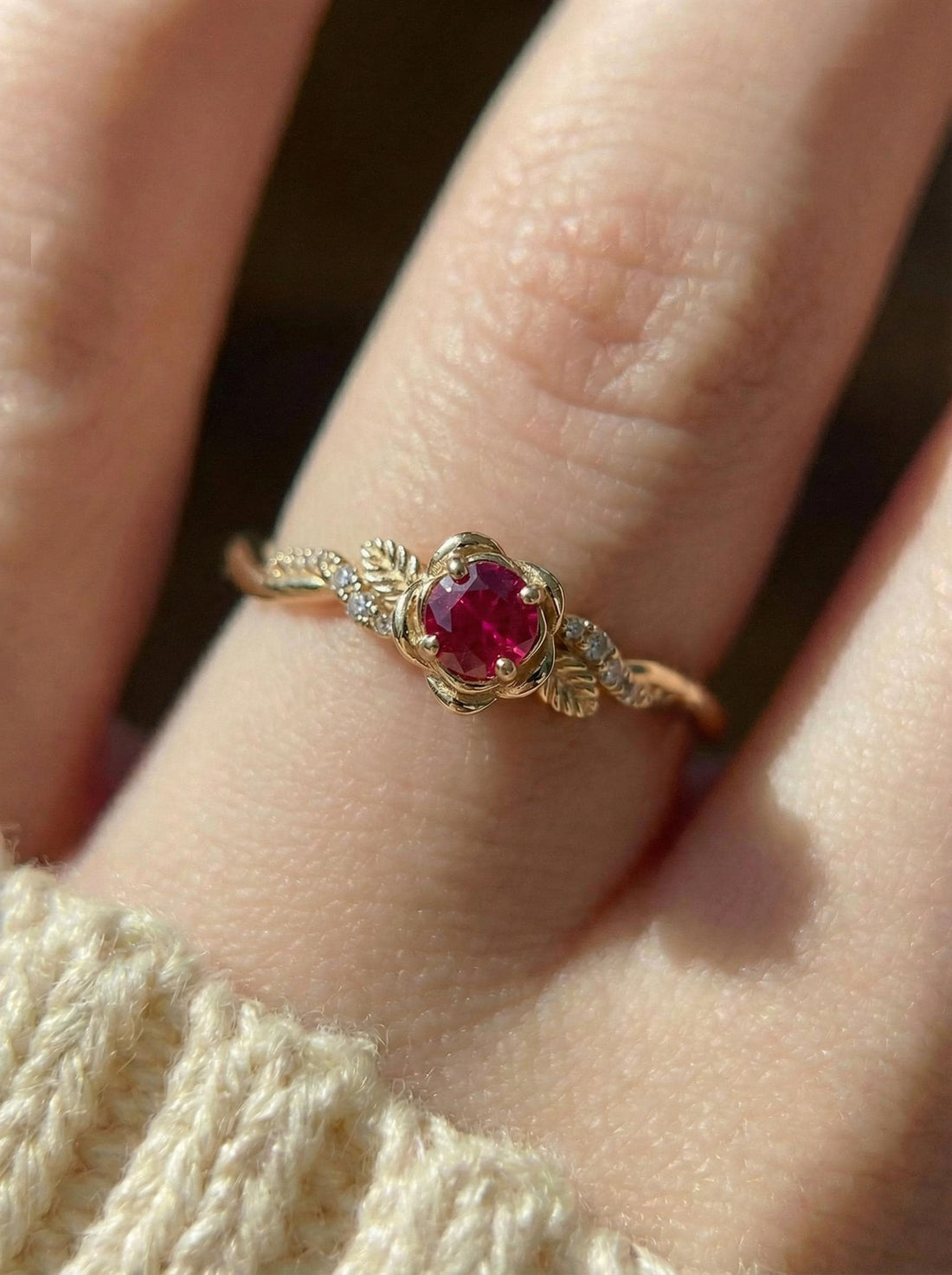 Flower Ruby Engagement Ring, Floral Twist Promise Ring for Women, Nature Inspired Leaf Wedding Ring, July Birthstone