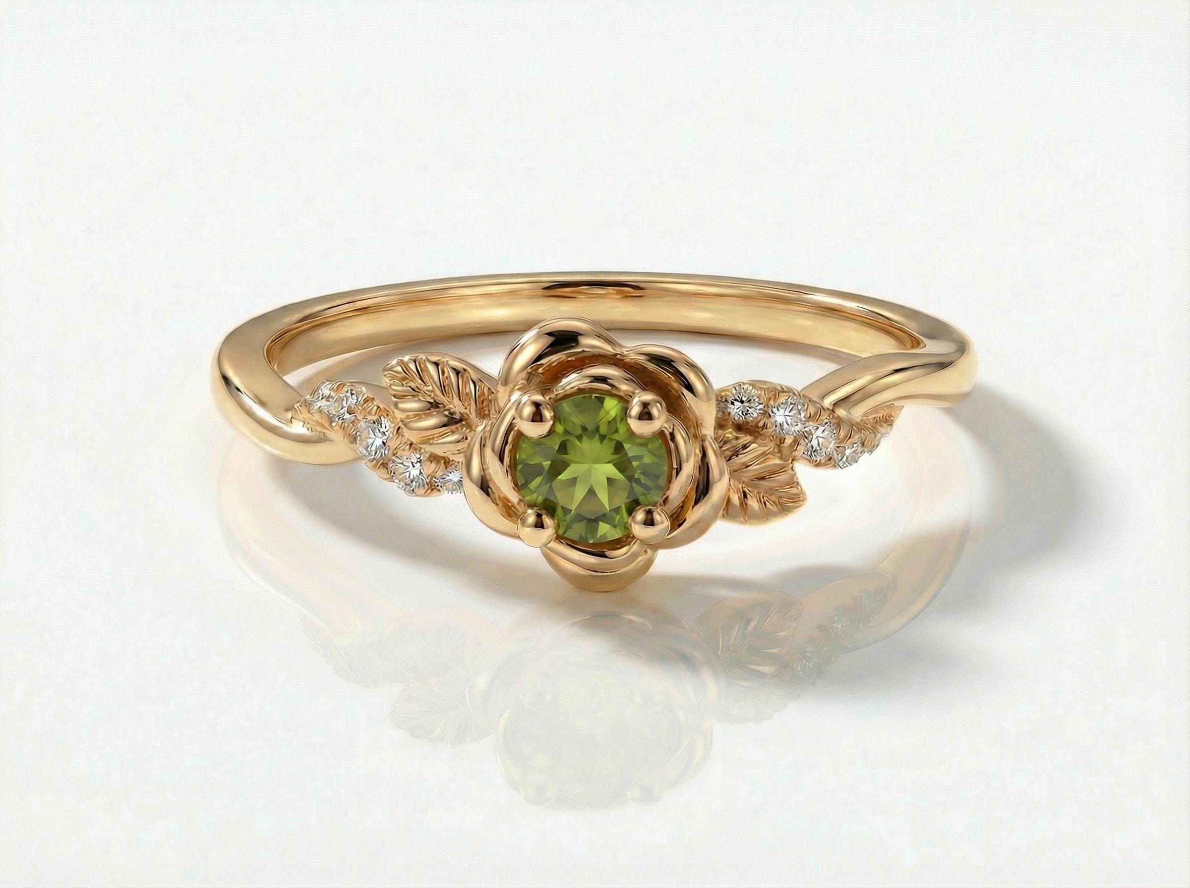 Flower Peridot Engagement Ring, Floral Twist Promise Ring for Women, Nature Inspired Leaf Wedding Ring, August Birthstone