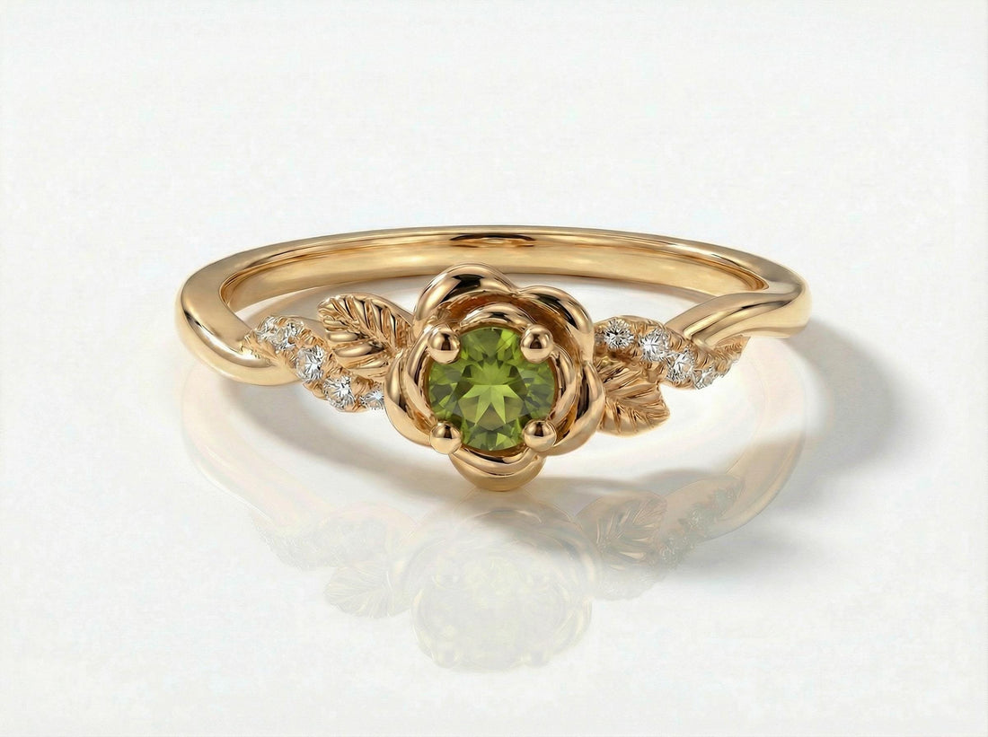 Flower Peridot Engagement Ring, Floral Twist Promise Ring for Women, Nature Inspired Leaf Wedding Ring, August Birthstone