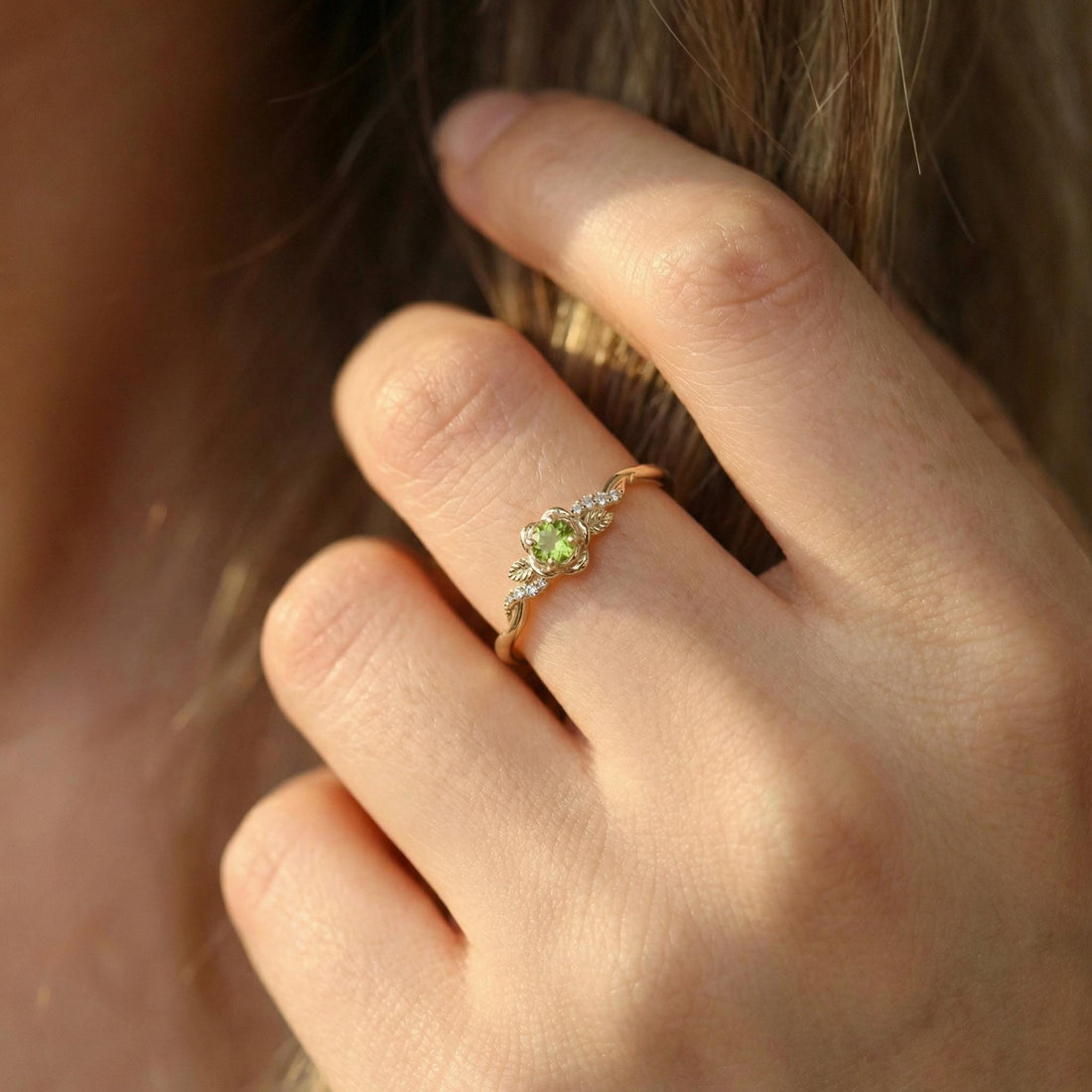 Flower Peridot Engagement Ring, Floral Twist Promise Ring for Women, Nature Inspired Leaf Wedding Ring, August Birthstone