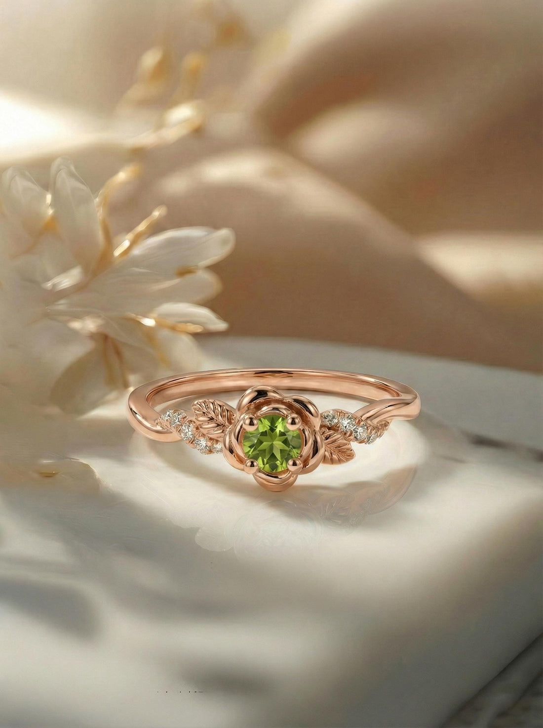 Flower Peridot Engagement Ring, Floral Twist Promise Ring for Women, Nature Inspired Leaf Wedding Ring, August Birthstone