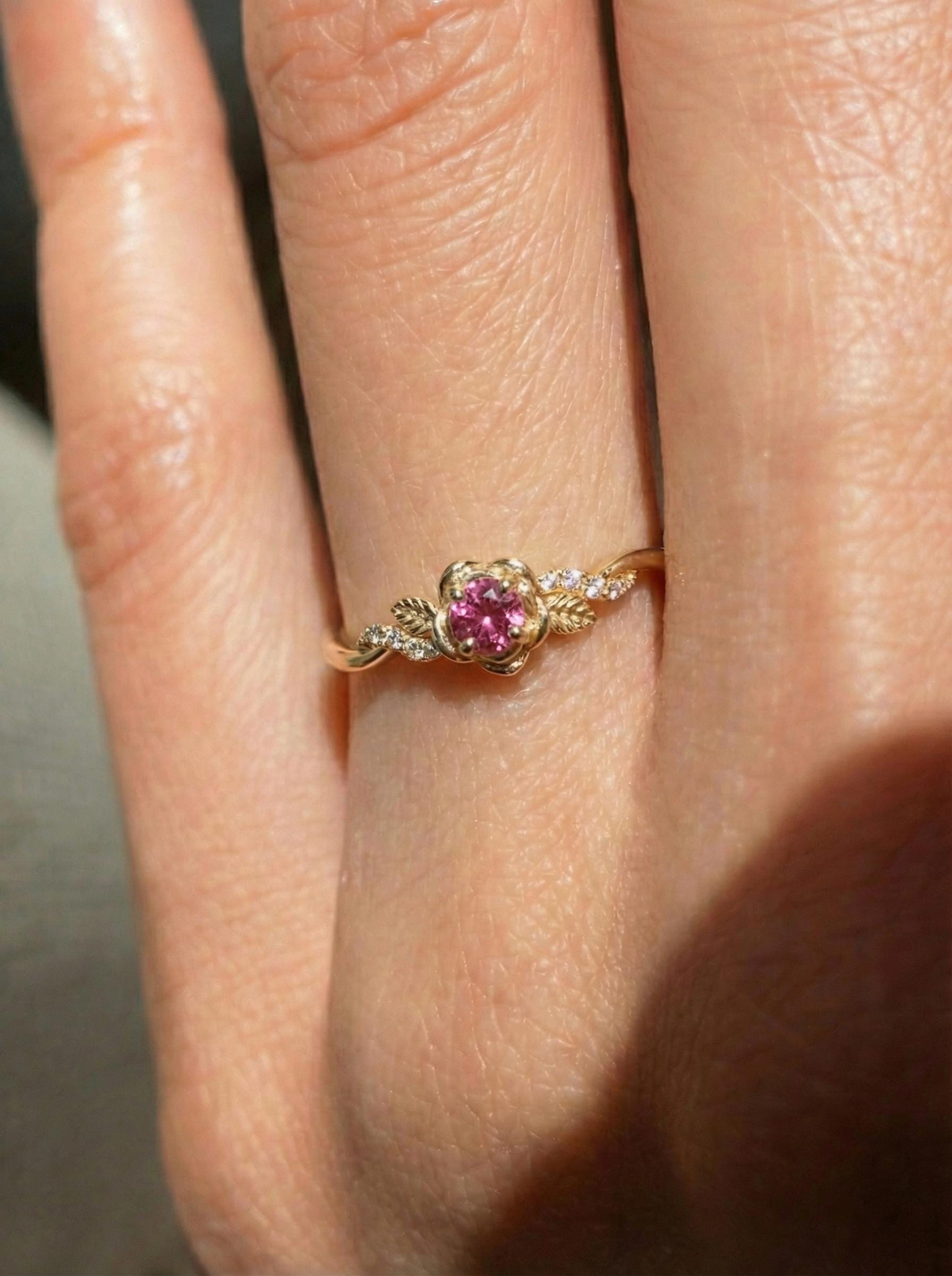 Flower Pink Tourmaline Engagement Ring, Floral Twist Promise Ring for Women, Nature Inspired Leaf Wedding Ring, October Birthstone
