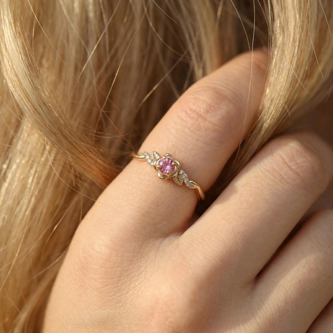 Flower Pink Tourmaline Engagement Ring, Floral Twist Promise Ring for Women, Nature Inspired Leaf Wedding Ring, October Birthstone
