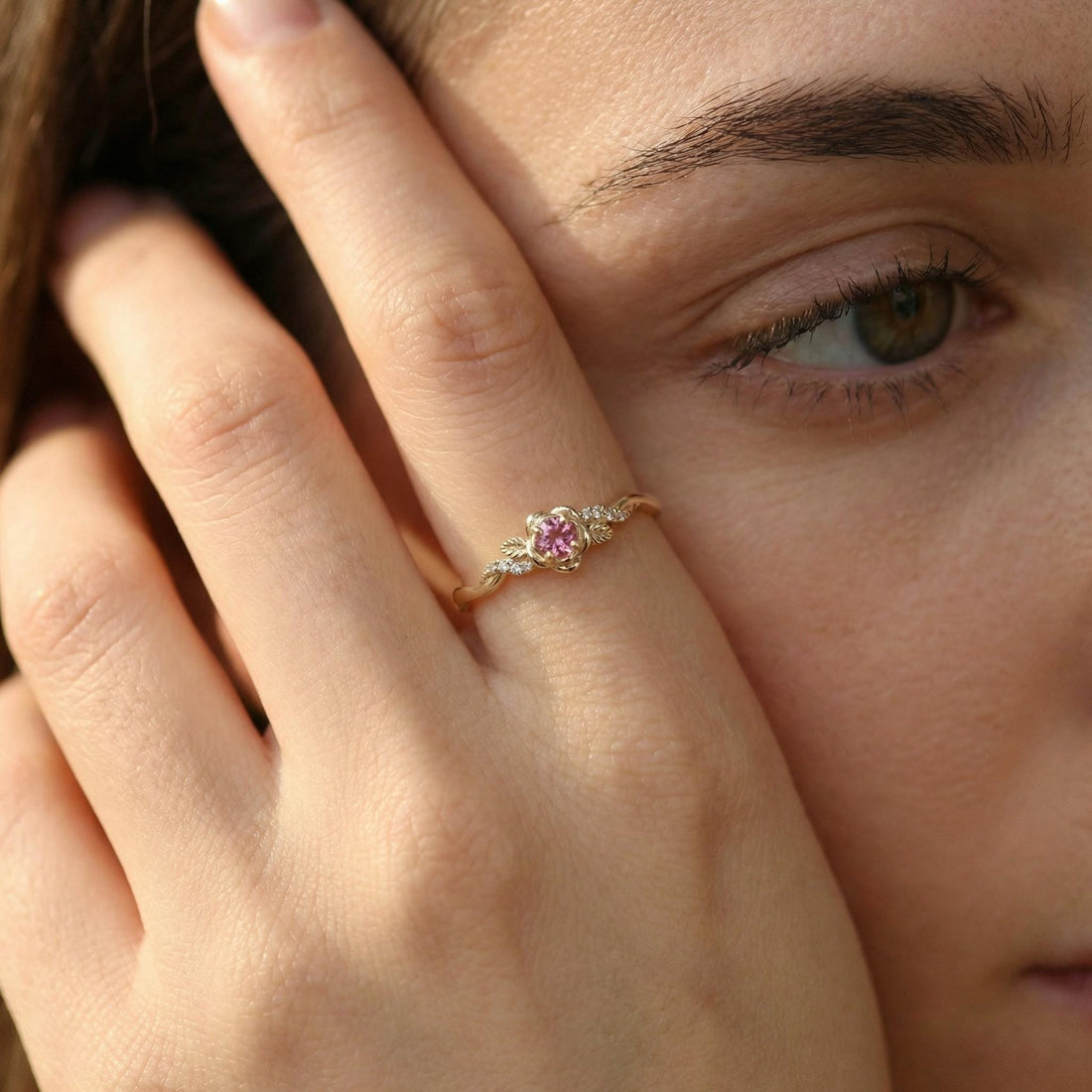 Flower Pink Tourmaline Engagement Ring, Floral Twist Promise Ring for Women, Nature Inspired Leaf Wedding Ring, October Birthstone