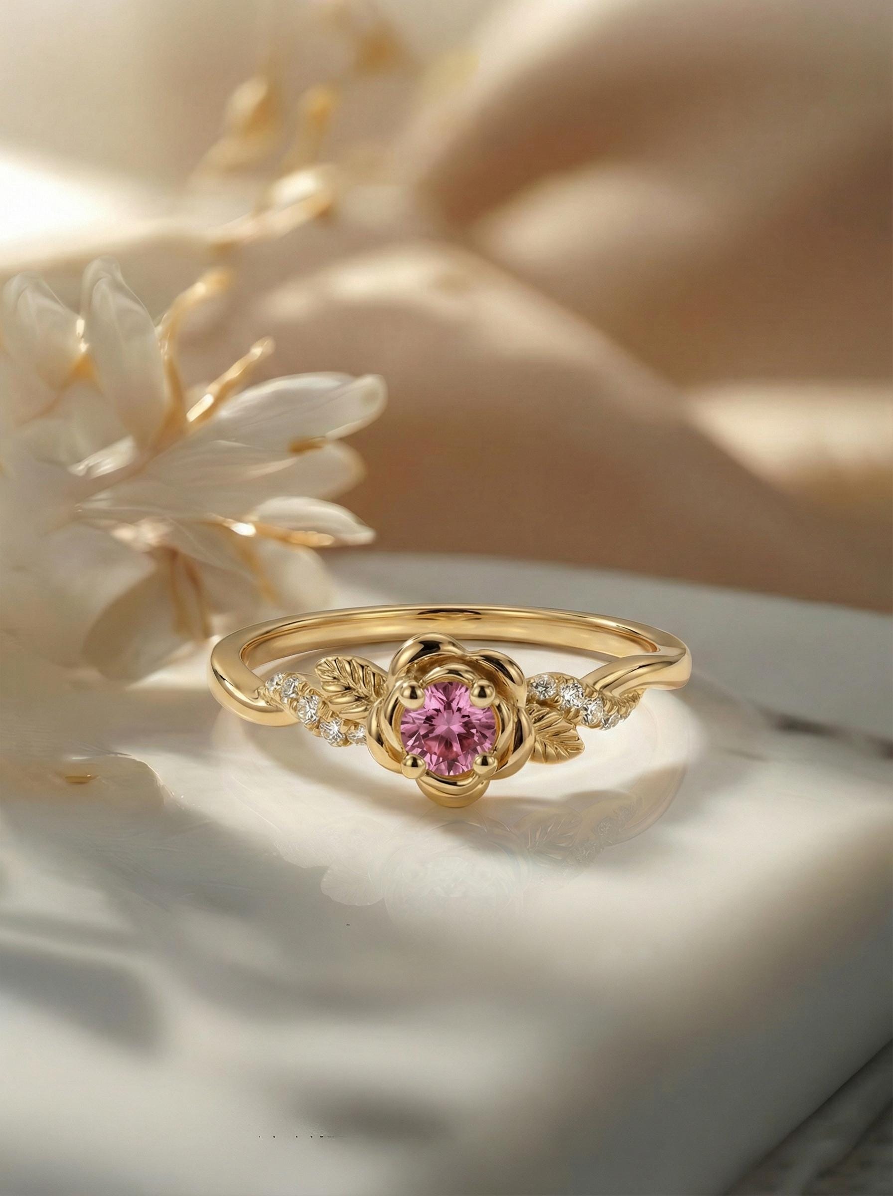 Flower Pink Tourmaline Engagement Ring, Floral Twist Promise Ring for Women, Nature Inspired Leaf Wedding Ring, October Birthstone