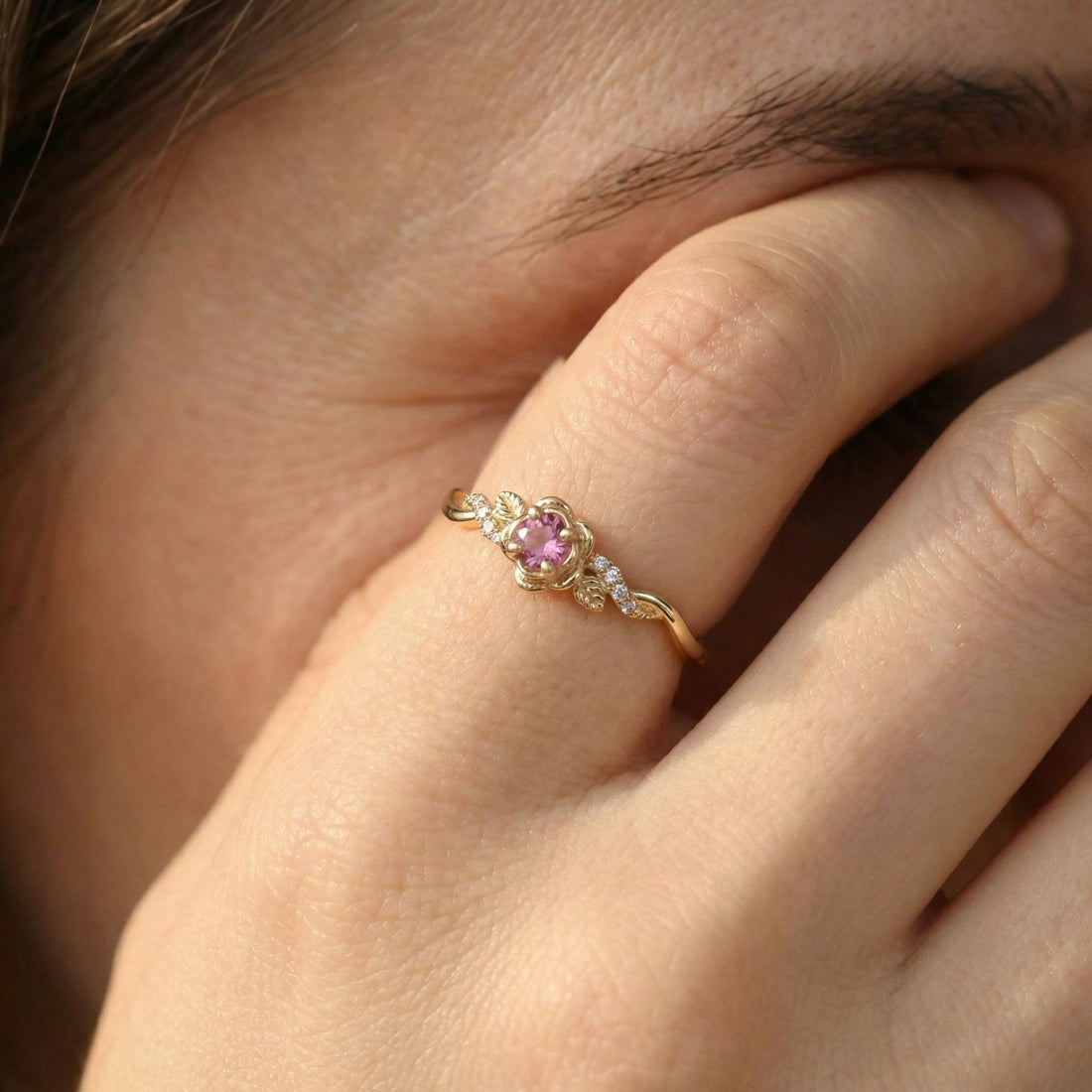Flower Pink Tourmaline Engagement Ring, Floral Twist Promise Ring for Women, Nature Inspired Leaf Wedding Ring, October Birthstone
