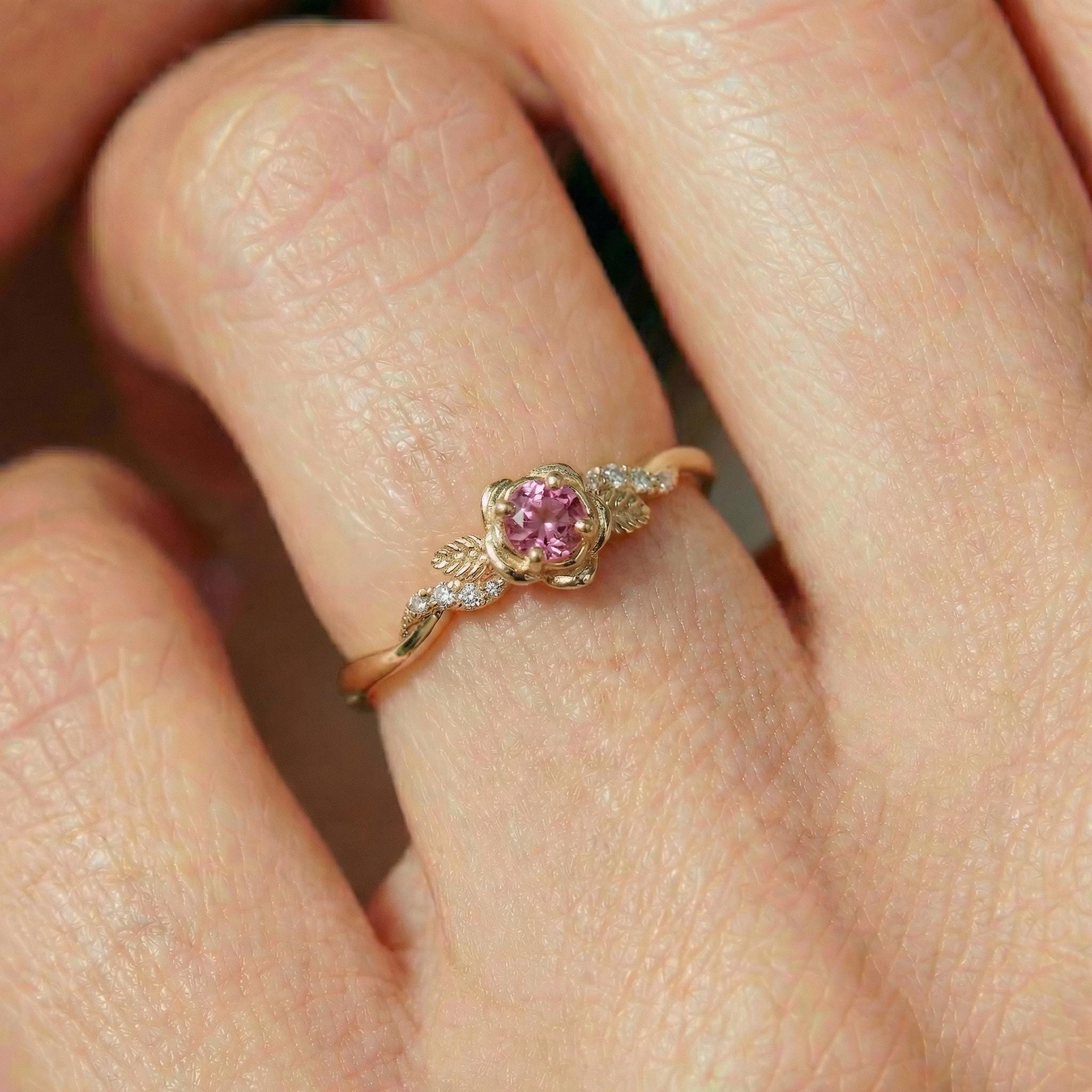 Flower Pink Tourmaline Engagement Ring, Floral Twist Promise Ring for Women, Nature Inspired Leaf Wedding Ring, October Birthstone