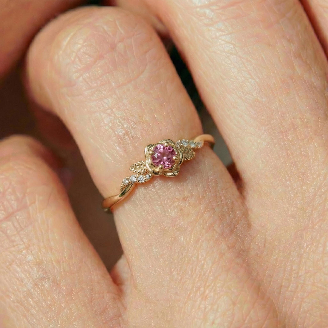 Flower Pink Tourmaline Engagement Ring, Floral Twist Promise Ring for Women, Nature Inspired Leaf Wedding Ring, October Birthstone