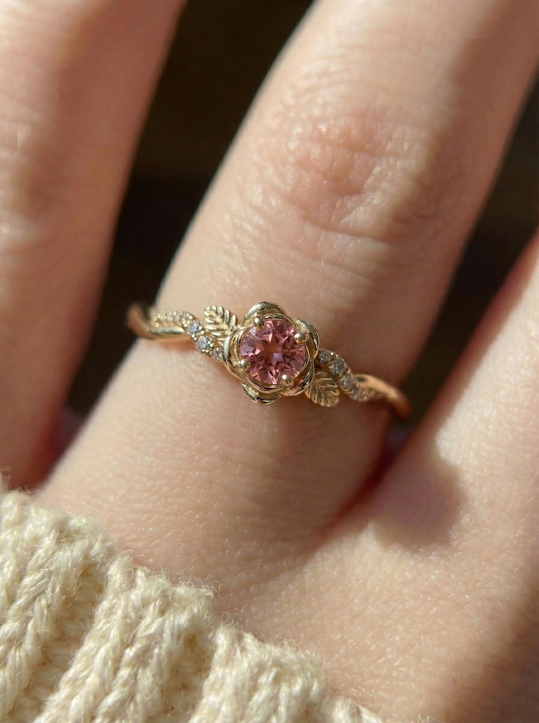 Flower Pink Tourmaline Engagement Ring, Floral Twist Promise Ring for Women, Nature Inspired Leaf Wedding Ring, October Birthstone