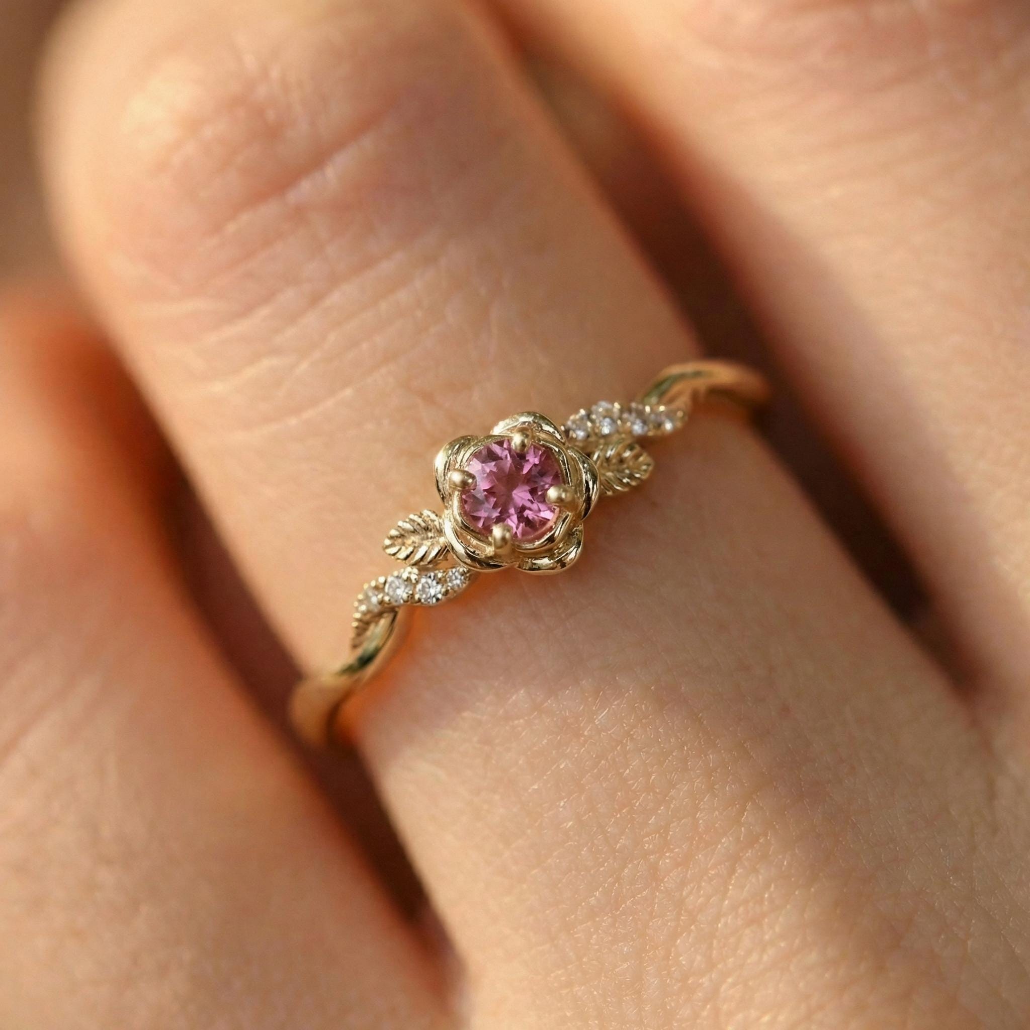 Flower Pink Tourmaline Engagement Ring, Floral Twist Promise Ring for Women, Nature Inspired Leaf Wedding Ring, October Birthstone