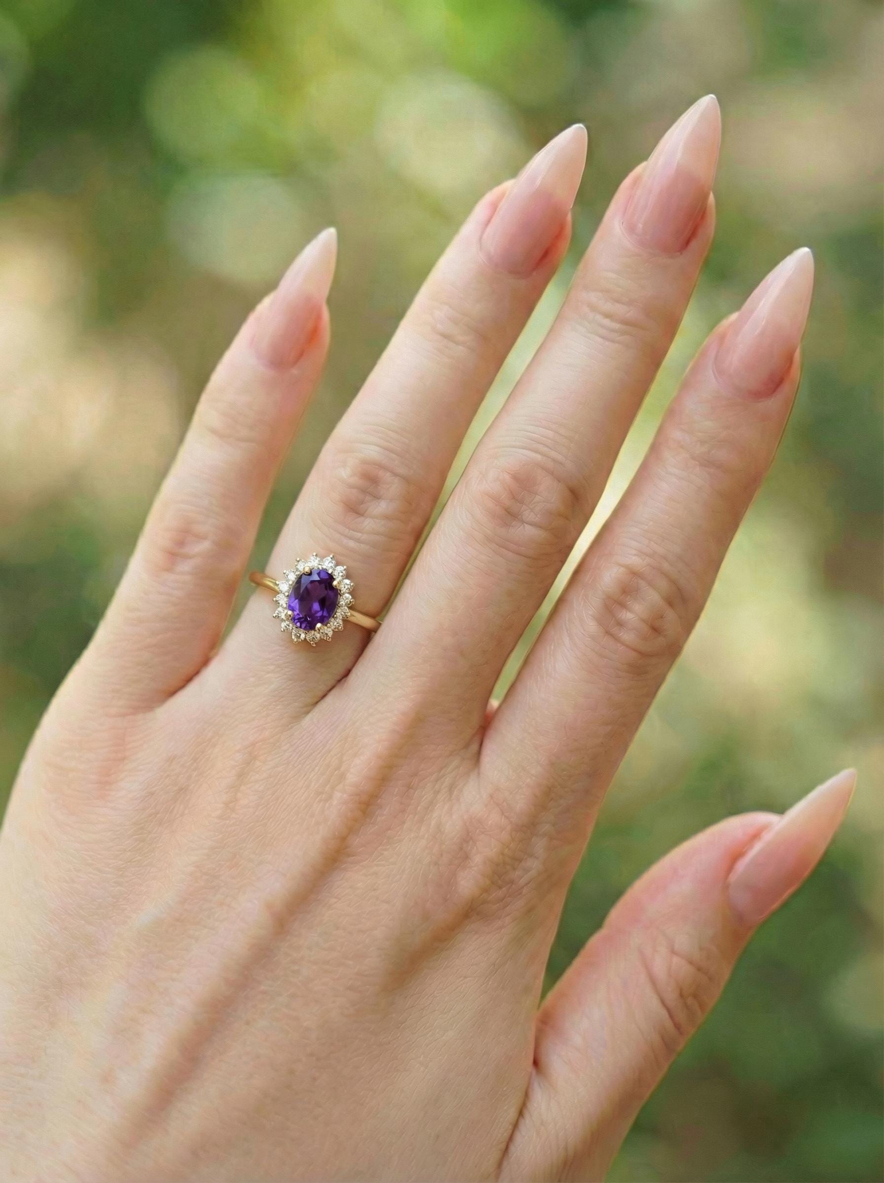 Amethyst Engagement Ring Travel Ring Vintage Art Deco Style February Birthstone Proposal Jewelry Gift For Her