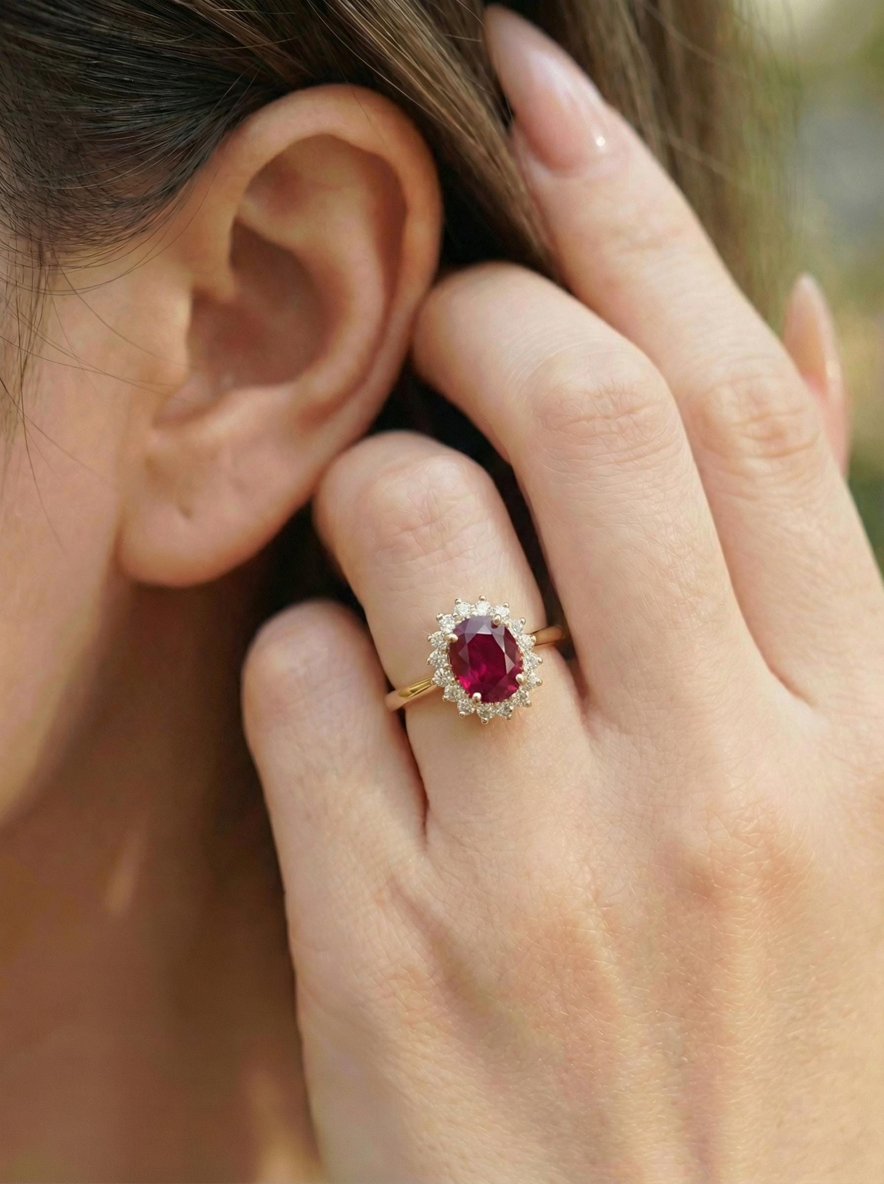 Ruby Engagement Ring Travel Ring Oval Halo Promise Ring For Her July Birthstone Jewelry