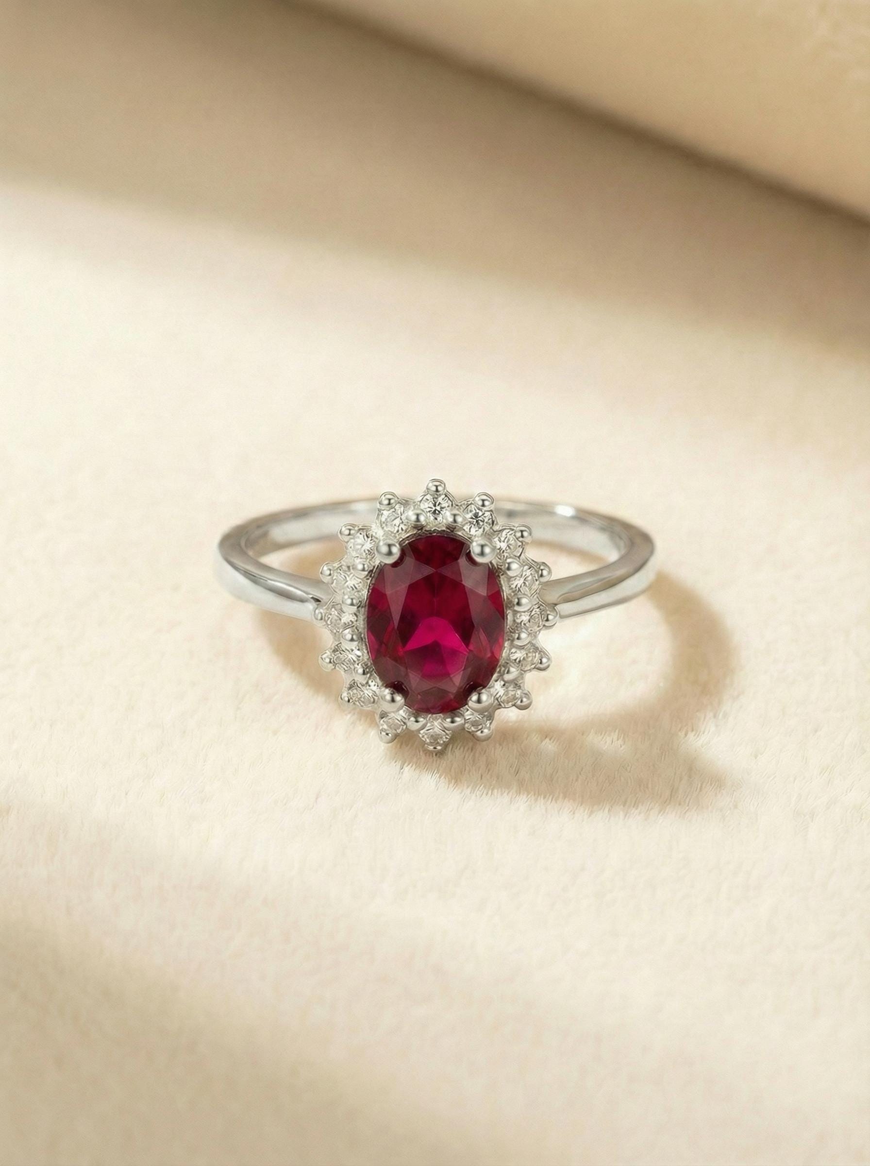 Ruby Engagement Ring Travel Ring Oval Halo Promise Ring For Her July Birthstone Jewelry