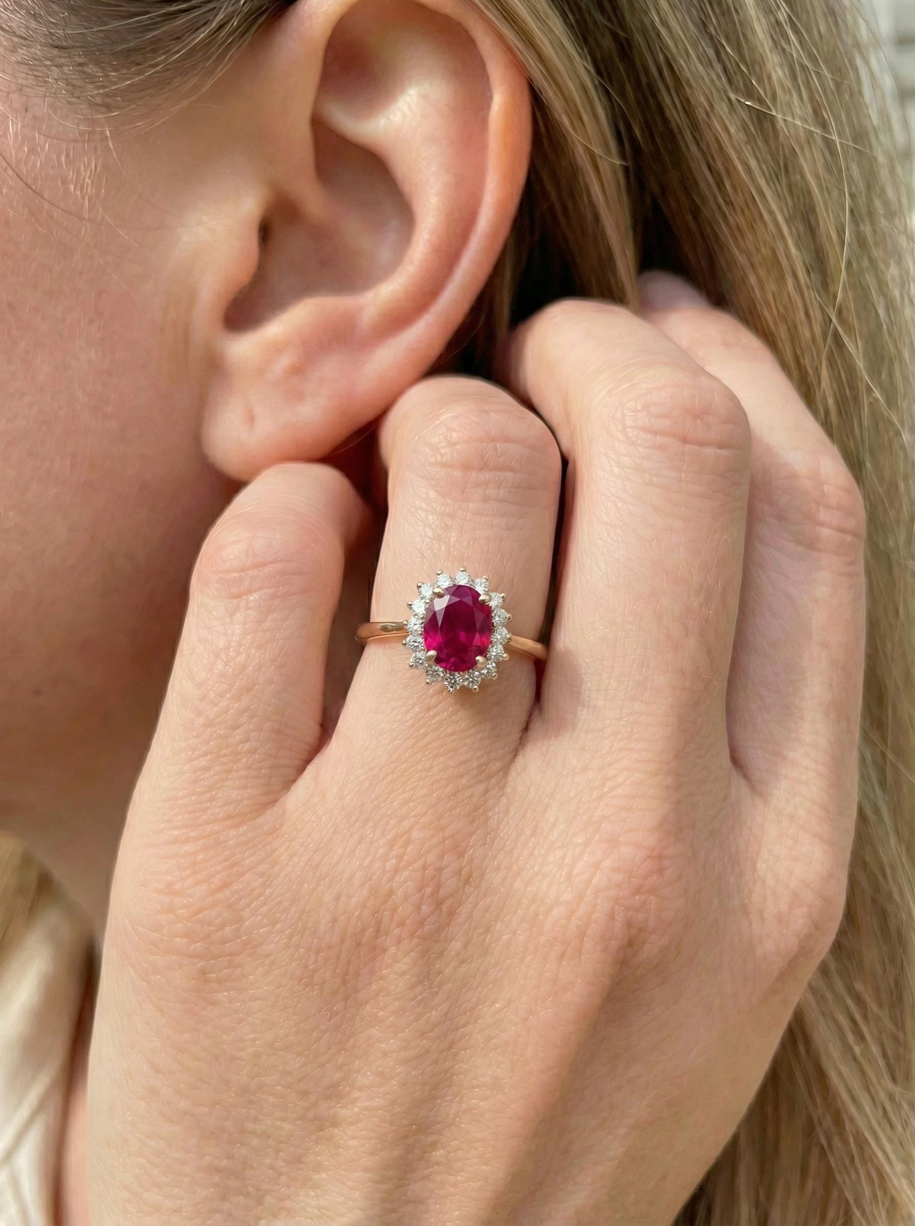 Ruby Engagement Ring Travel Ring Oval Halo Promise Ring For Her July Birthstone Jewelry