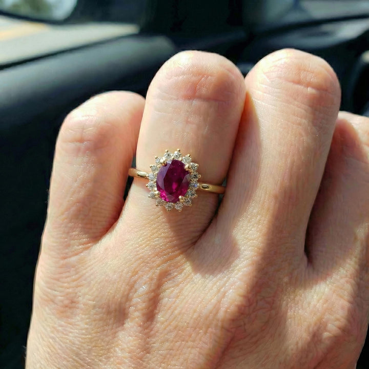 Ruby Engagement Ring Travel Ring Oval Halo Promise Ring For Her July Birthstone Jewelry