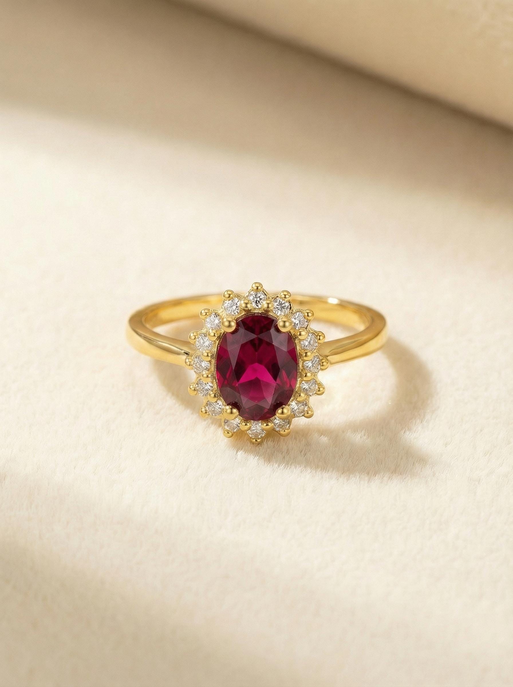 Ruby Engagement Ring Travel Ring Oval Halo Promise Ring For Her July Birthstone Jewelry
