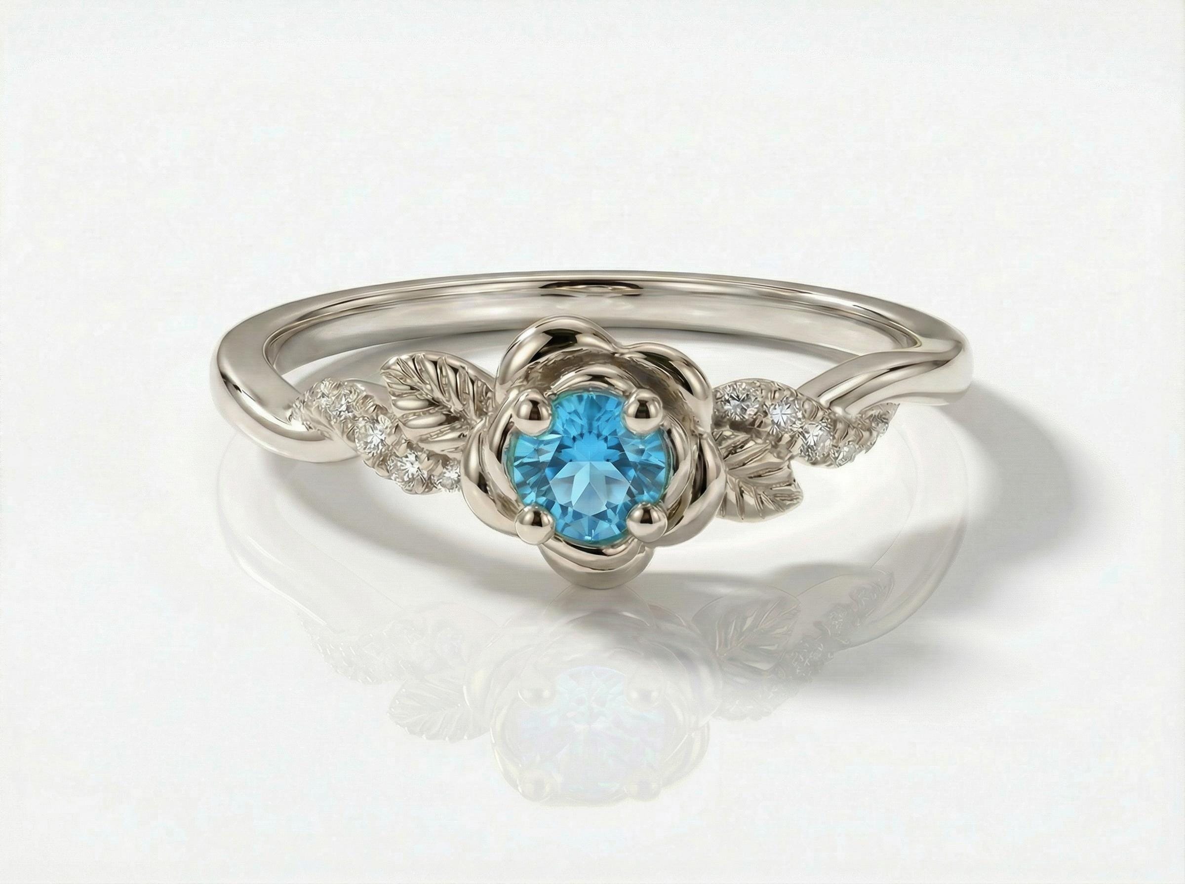 Flower Blue Zircon Engagement Ring, Floral Twist Promise Ring for Women, Nature Inspired Leaf Wedding Ring, December Birthstone