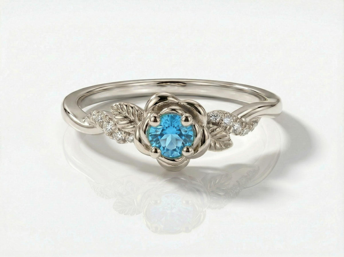 Flower Blue Zircon Engagement Ring, Floral Twist Promise Ring for Women, Nature Inspired Leaf Wedding Ring, December Birthstone