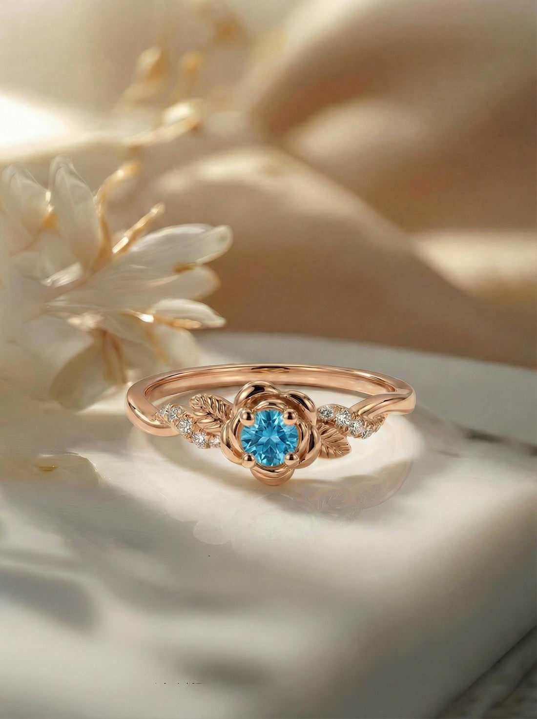 Flower Blue Zircon Engagement Ring, Floral Twist Promise Ring for Women, Nature Inspired Leaf Wedding Ring, December Birthstone