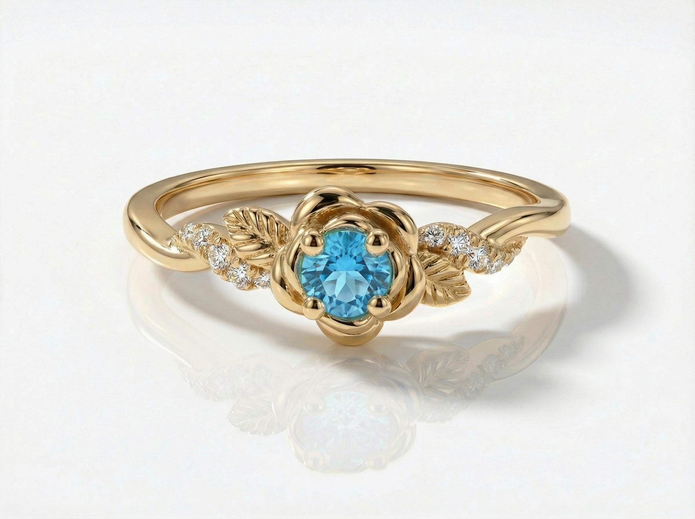 Flower Blue Zircon Engagement Ring, Floral Twist Promise Ring for Women, Nature Inspired Leaf Wedding Ring, December Birthstone