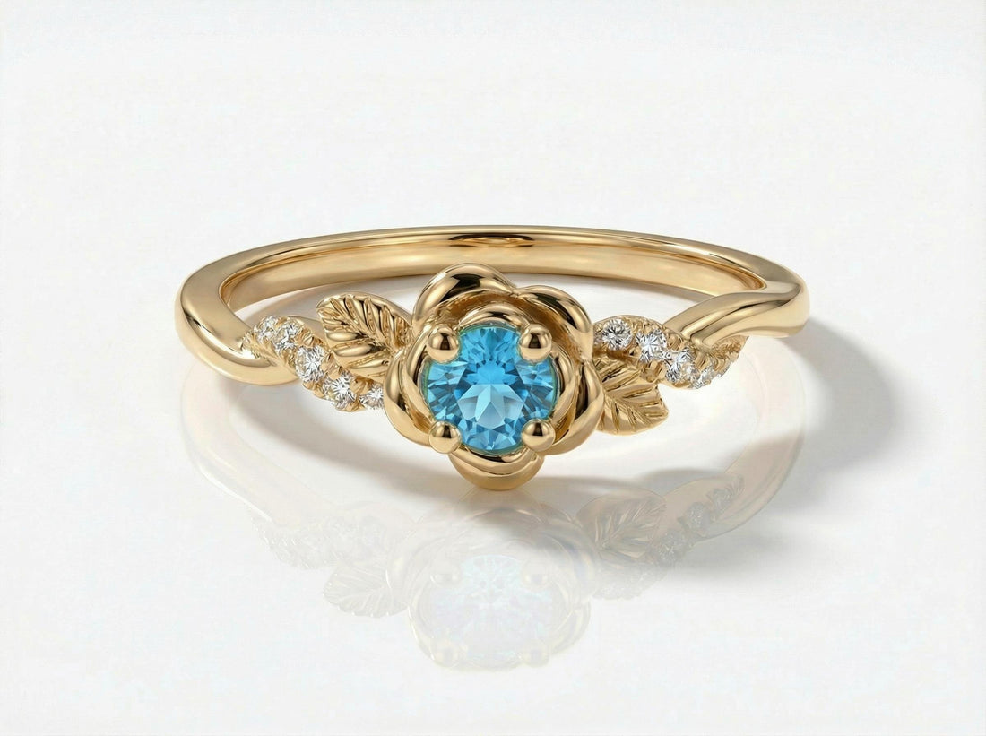 Flower Blue Zircon Engagement Ring, Floral Twist Promise Ring for Women, Nature Inspired Leaf Wedding Ring, December Birthstone