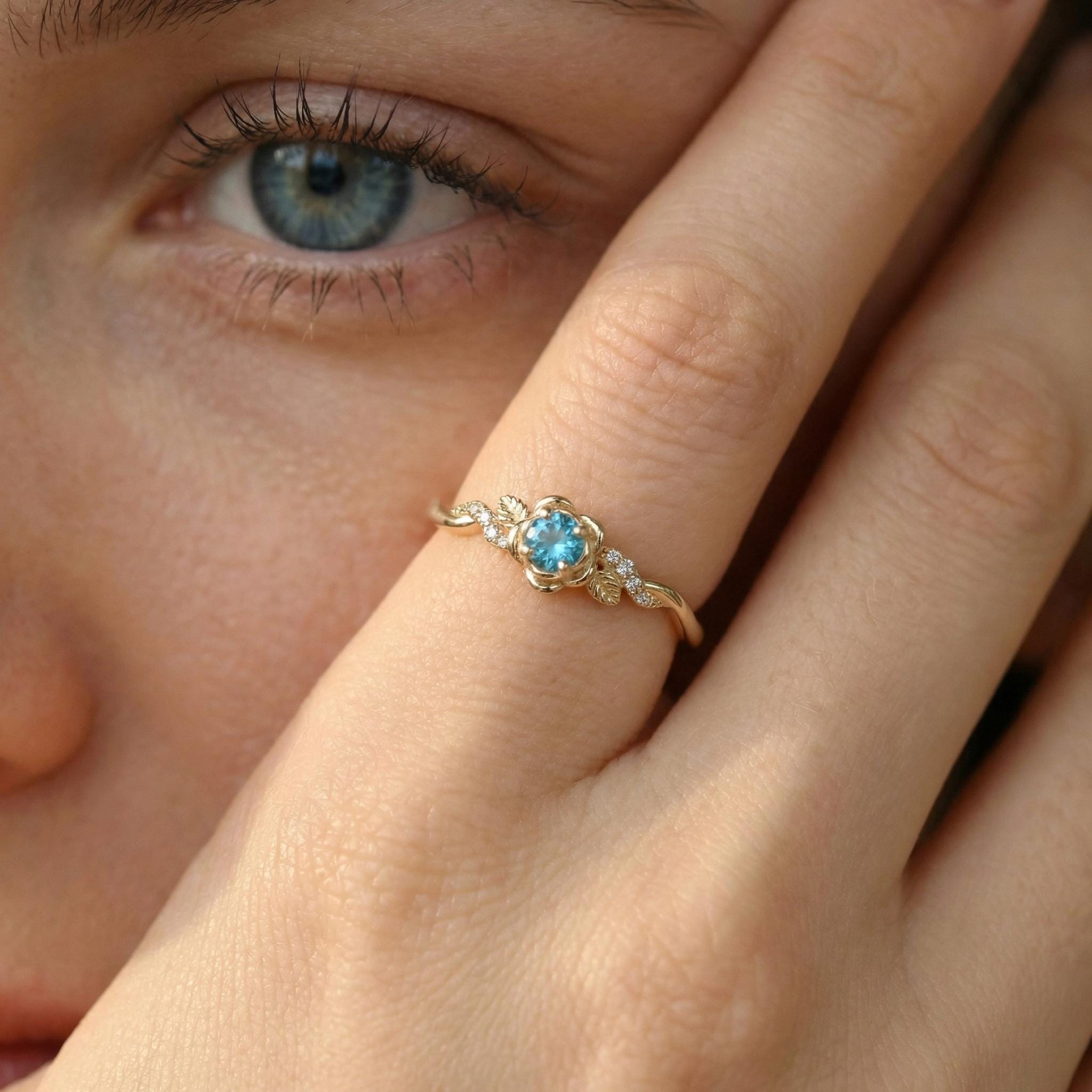 Flower Blue Zircon Engagement Ring, Floral Twist Promise Ring for Women, Nature Inspired Leaf Wedding Ring, December Birthstone