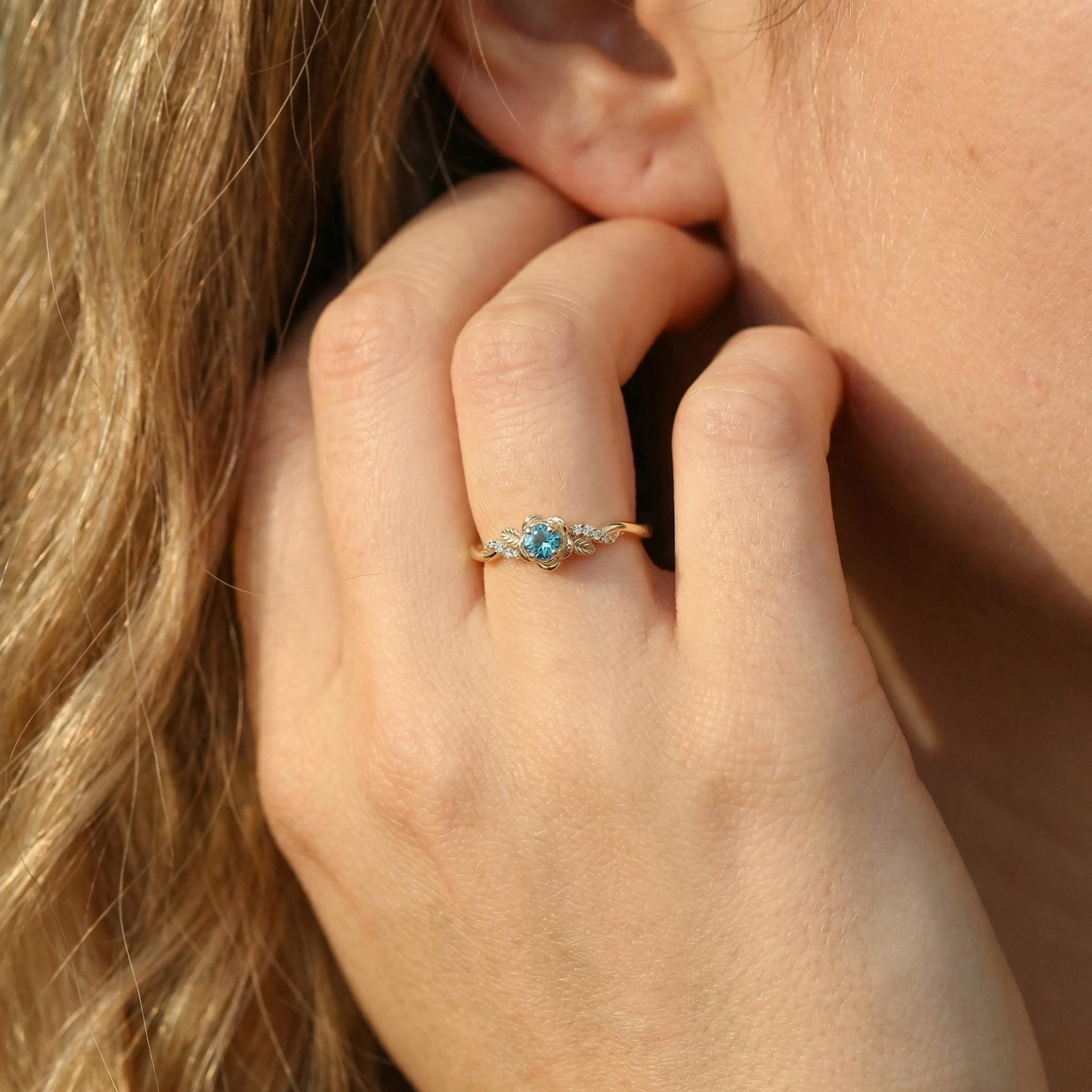 Flower Blue Zircon Engagement Ring, Floral Twist Promise Ring for Women, Nature Inspired Leaf Wedding Ring, December Birthstone