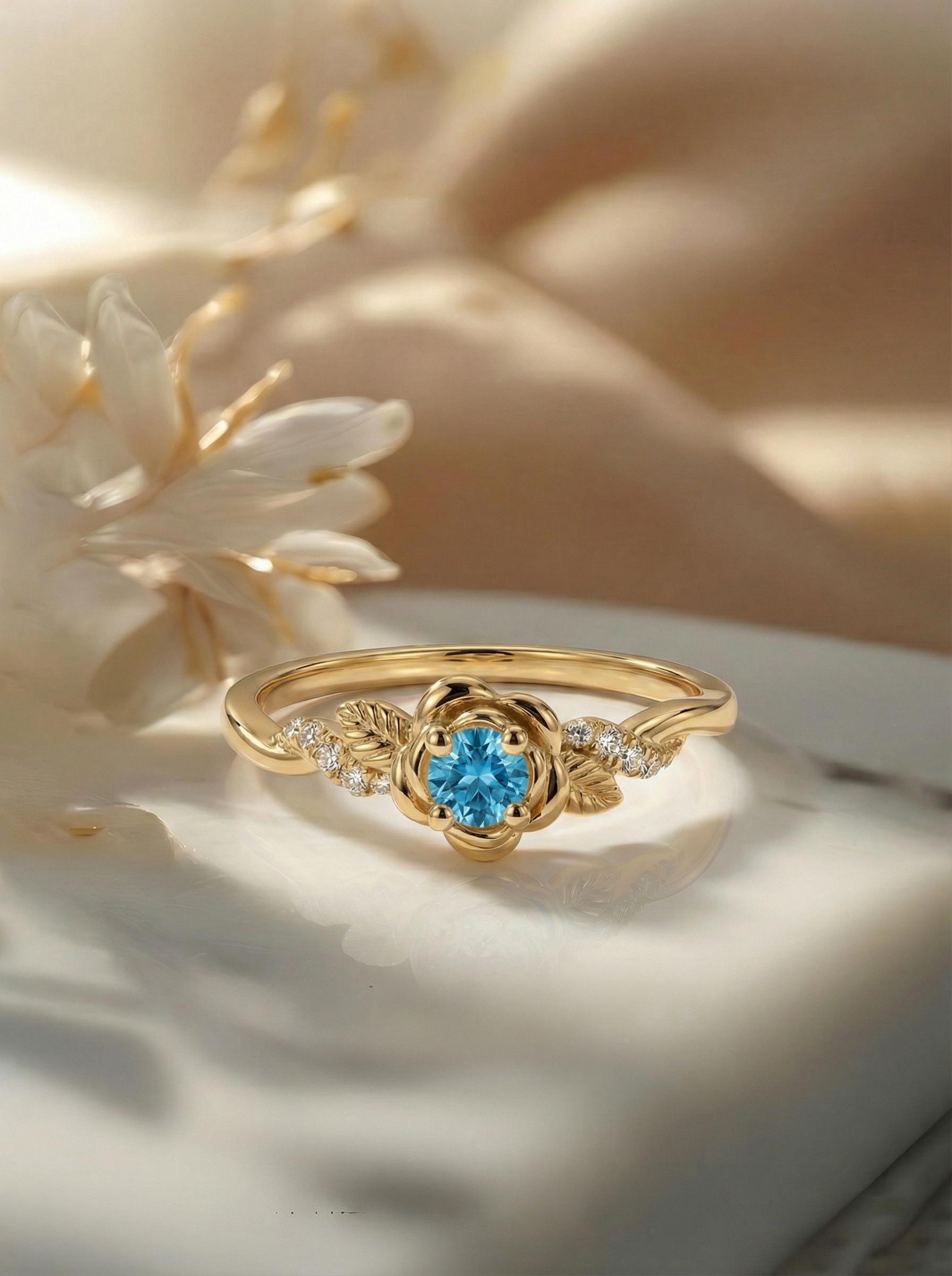 Flower Blue Zircon Engagement Ring, Floral Twist Promise Ring for Women, Nature Inspired Leaf Wedding Ring, December Birthstone