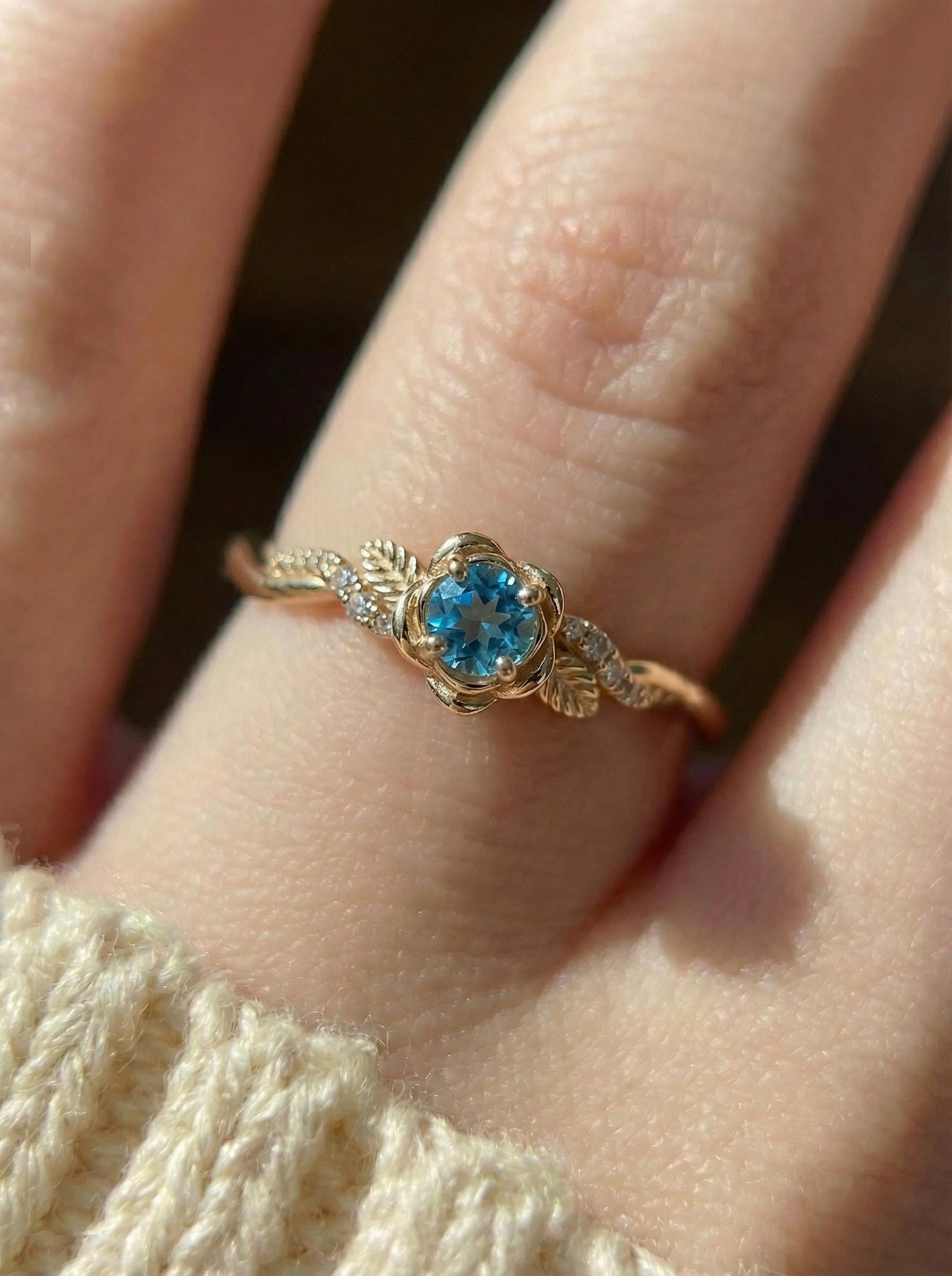 Flower Blue Zircon Engagement Ring, Floral Twist Promise Ring for Women, Nature Inspired Leaf Wedding Ring, December Birthstone