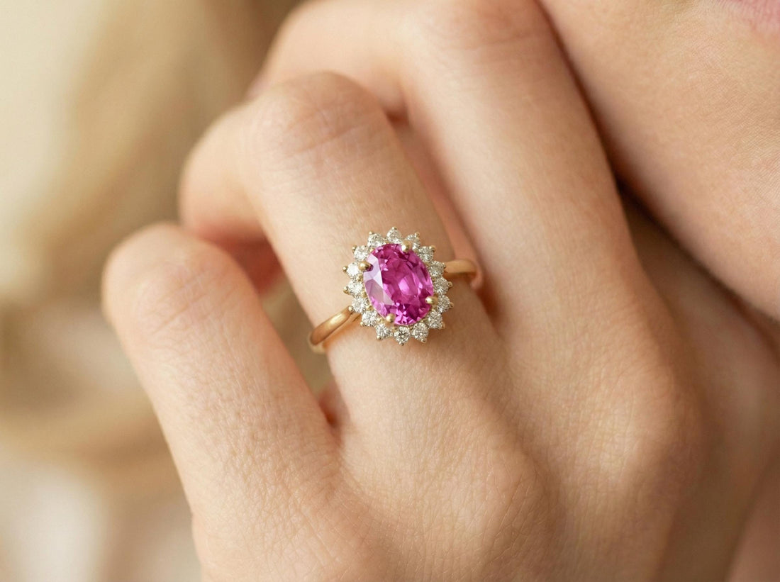 Pink Tourmaline Engagement Ring Travel Ring Oval Halo Promise Ring October Birthstone Jewelry Anniversary Gift