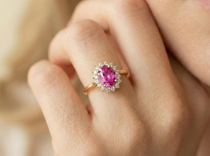 Pink Tourmaline Engagement Ring Travel Ring Oval Halo Promise Ring October Birthstone Jewelry Anniversary Gift