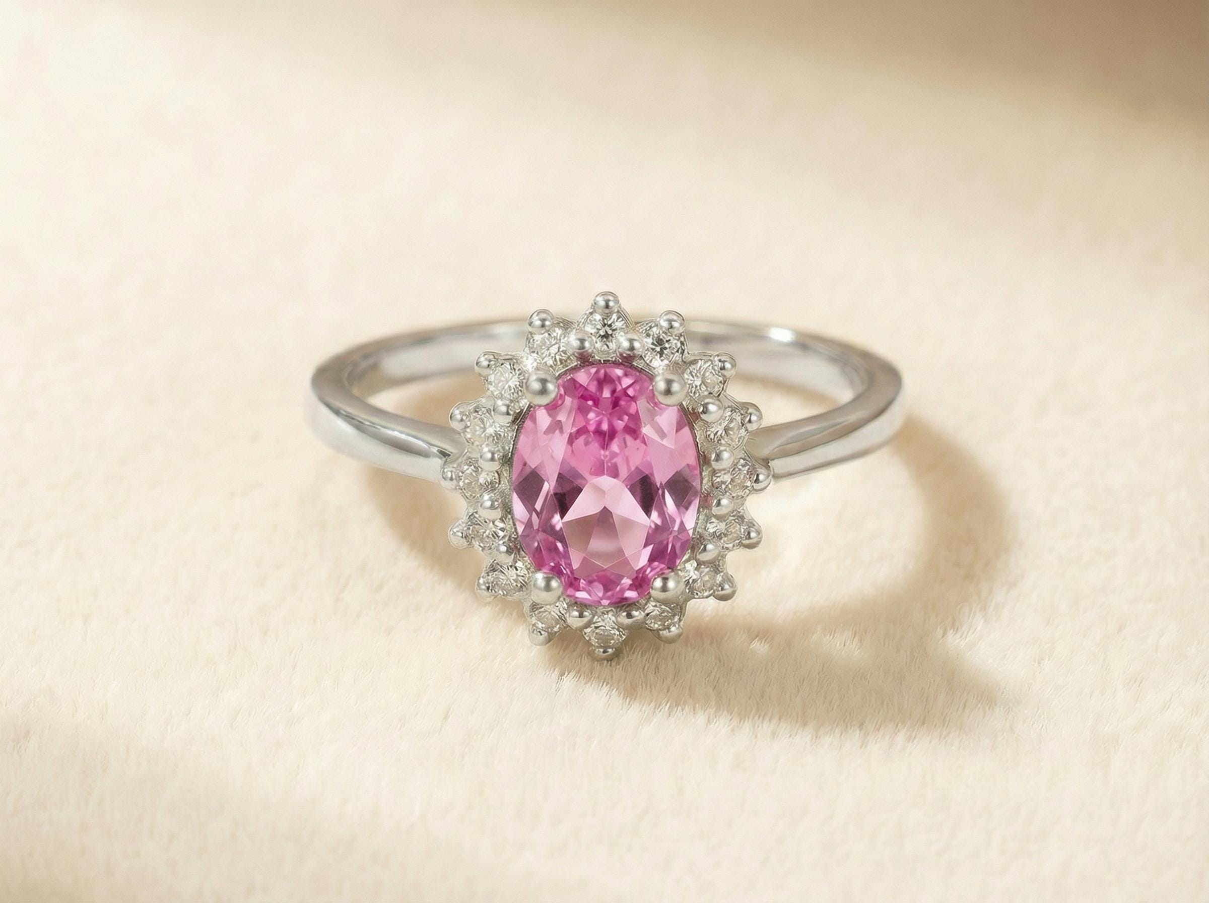 Pink Tourmaline Engagement Ring Travel Ring Oval Halo Promise Ring October Birthstone Jewelry Anniversary Gift