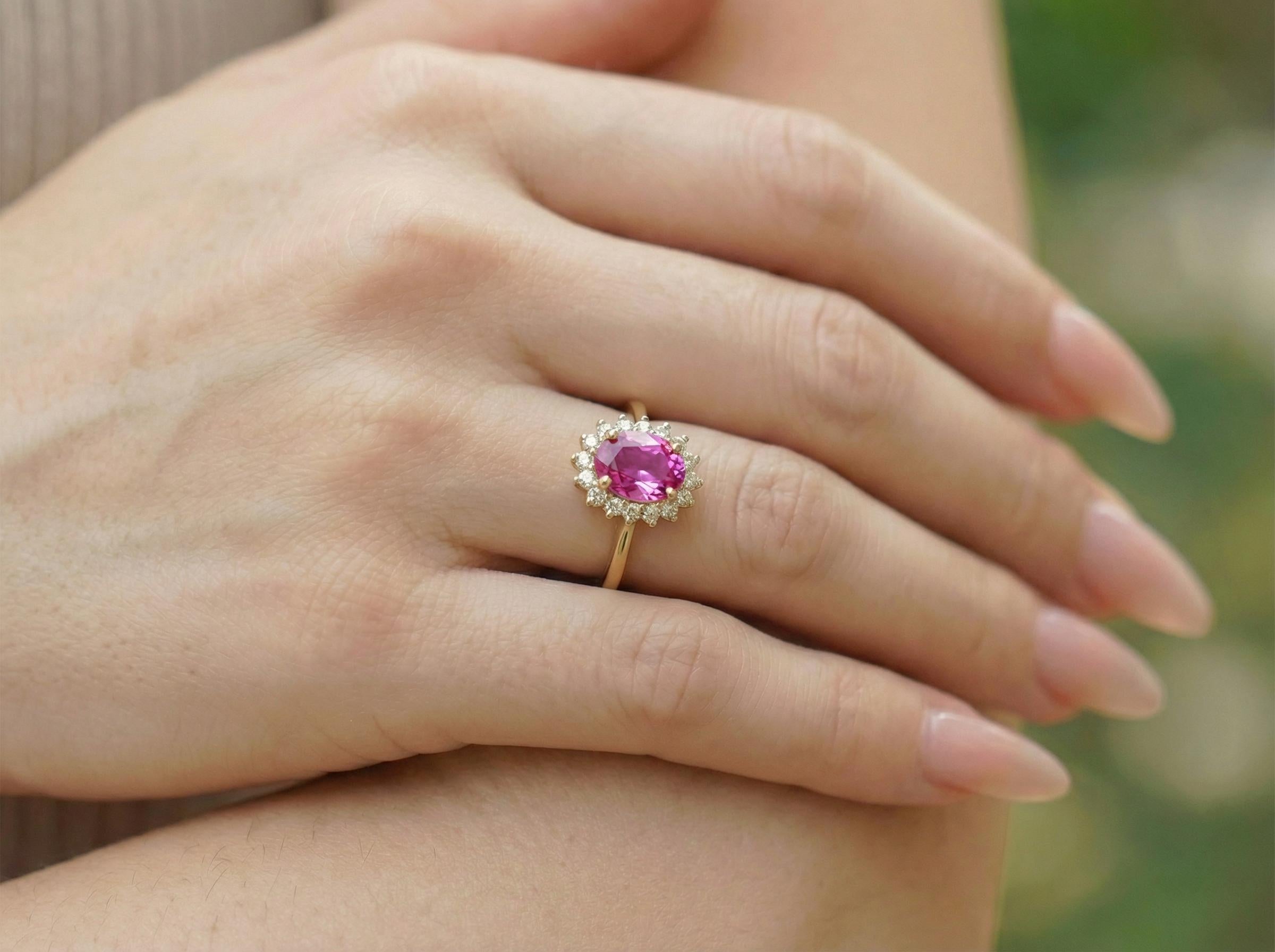 Pink Tourmaline Engagement Ring Travel Ring Oval Halo Promise Ring October Birthstone Jewelry Anniversary Gift