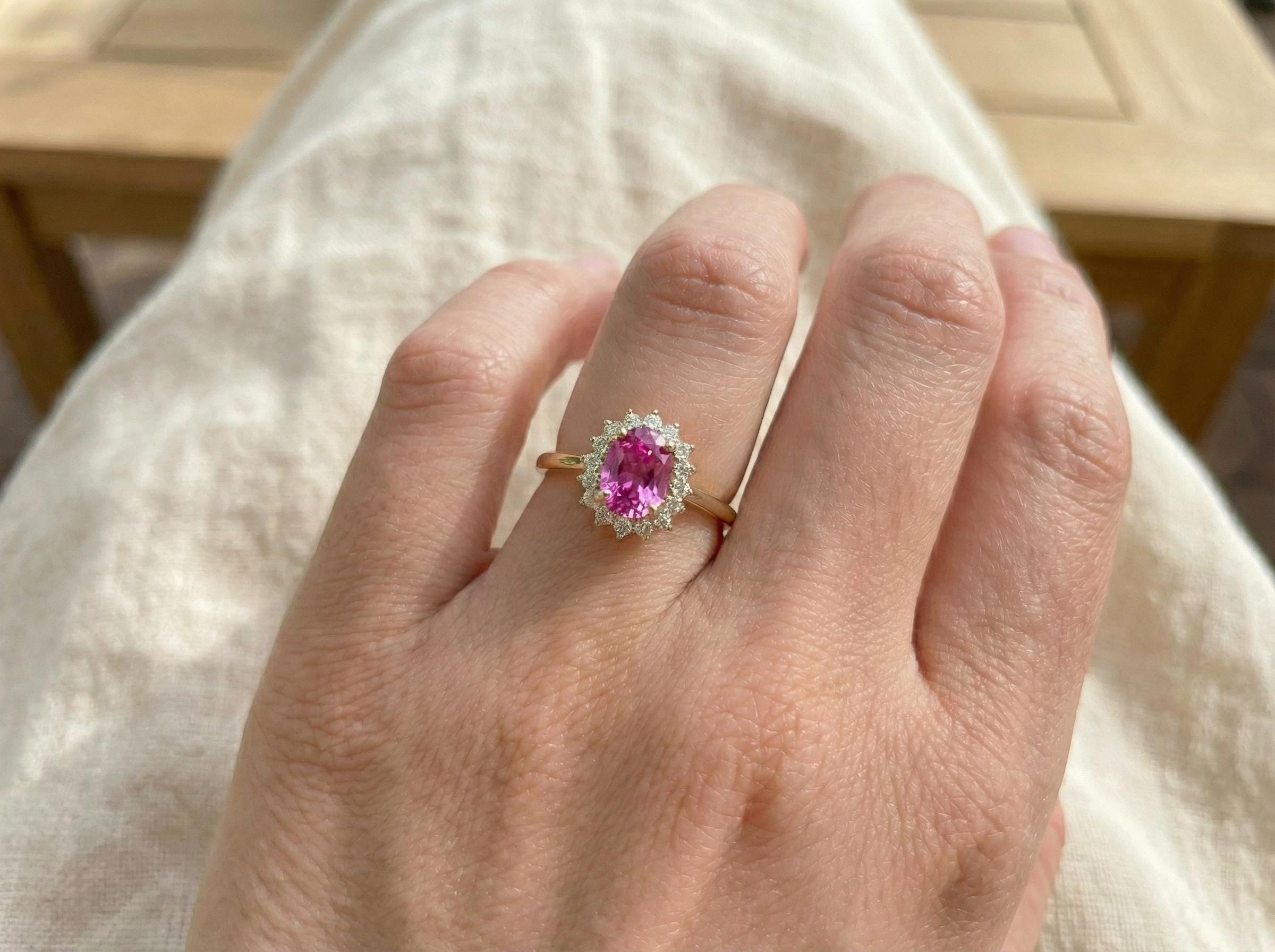 Pink Tourmaline Engagement Ring Travel Ring Oval Halo Promise Ring October Birthstone Jewelry Anniversary Gift
