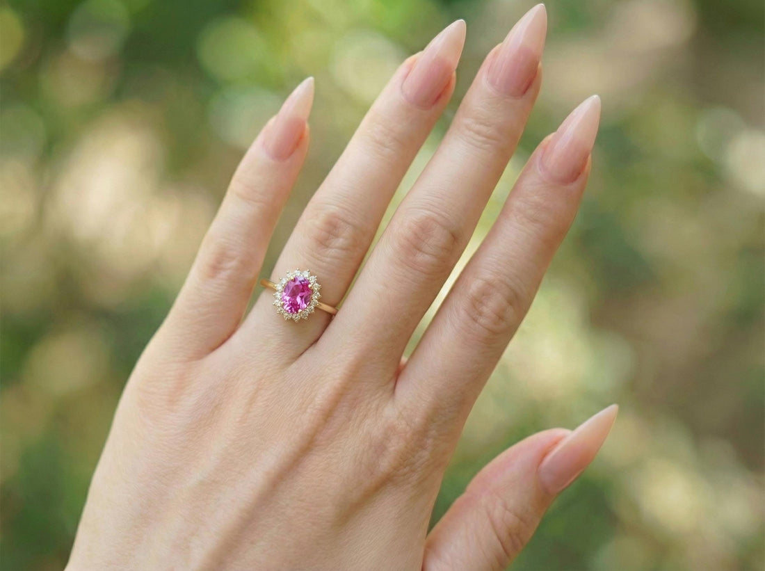 Pink Tourmaline Engagement Ring Travel Ring Oval Halo Promise Ring October Birthstone Jewelry Anniversary Gift